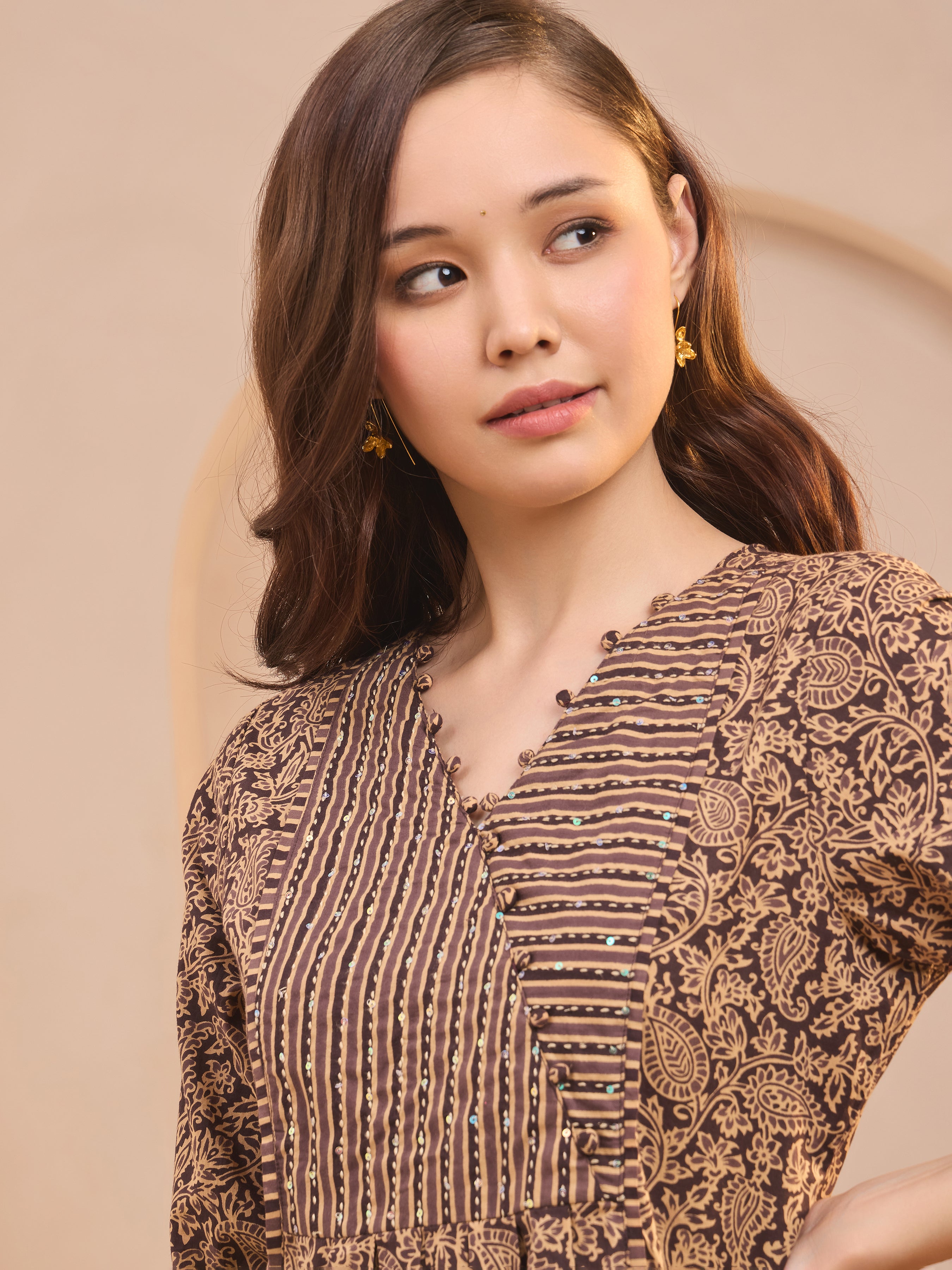 Brown Cotton Katha Printed Kurti & Bottom Set With Sequins Work