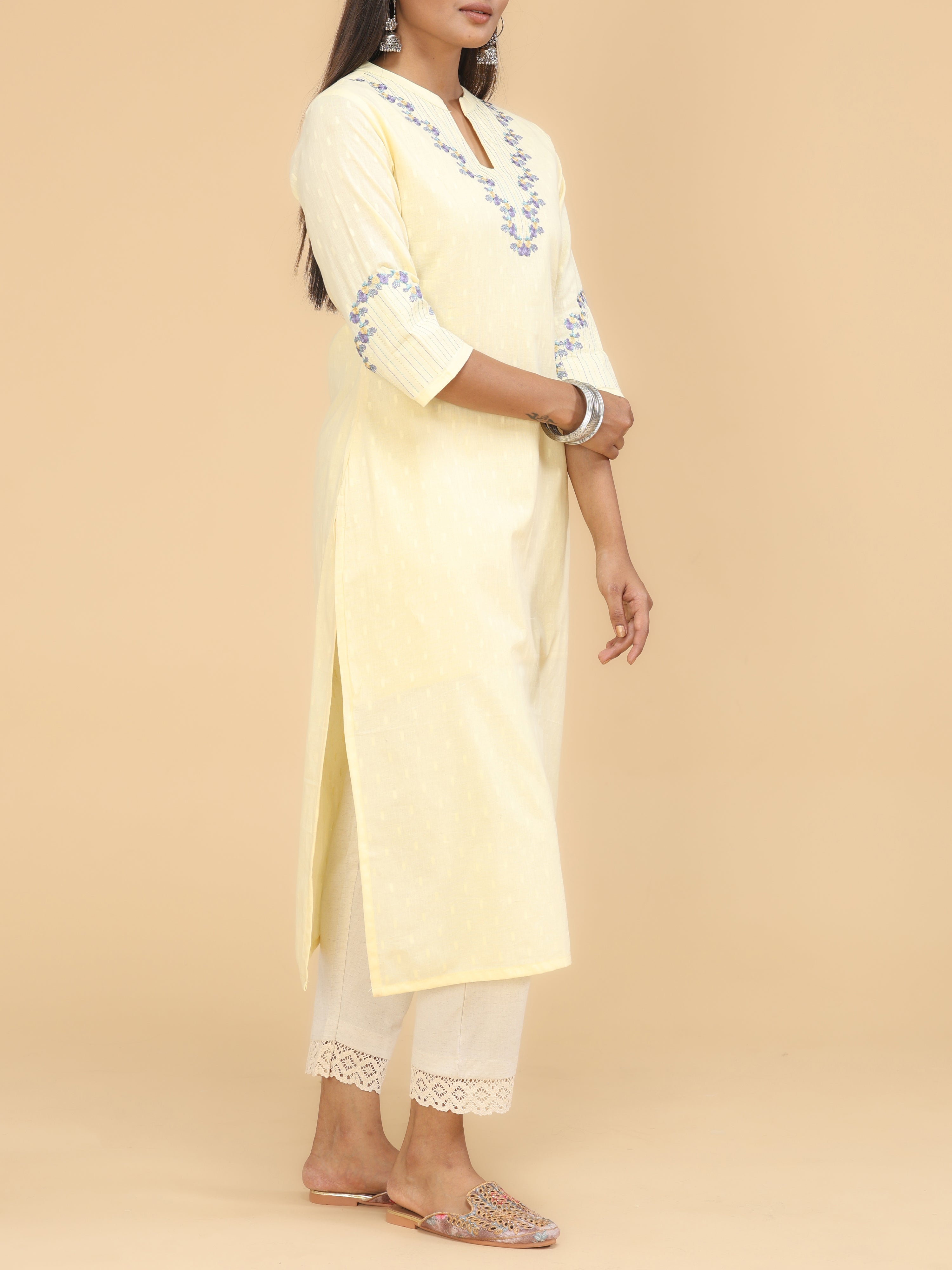 Pale Yellow Cotton Plain Kurti With Embroidery