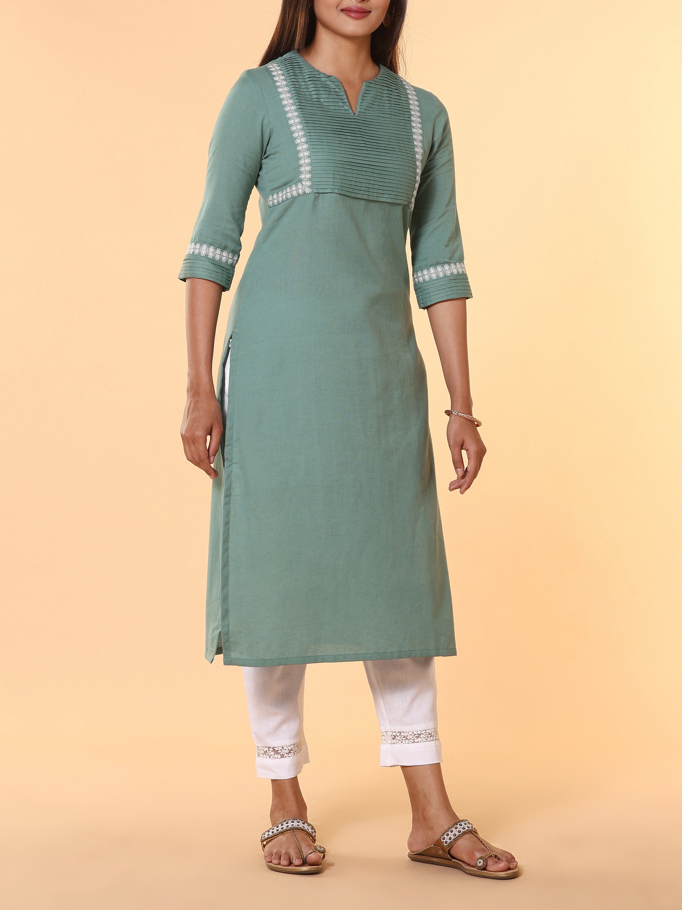 Sage Green Cotton Flax Plain Kurti With Embroidery