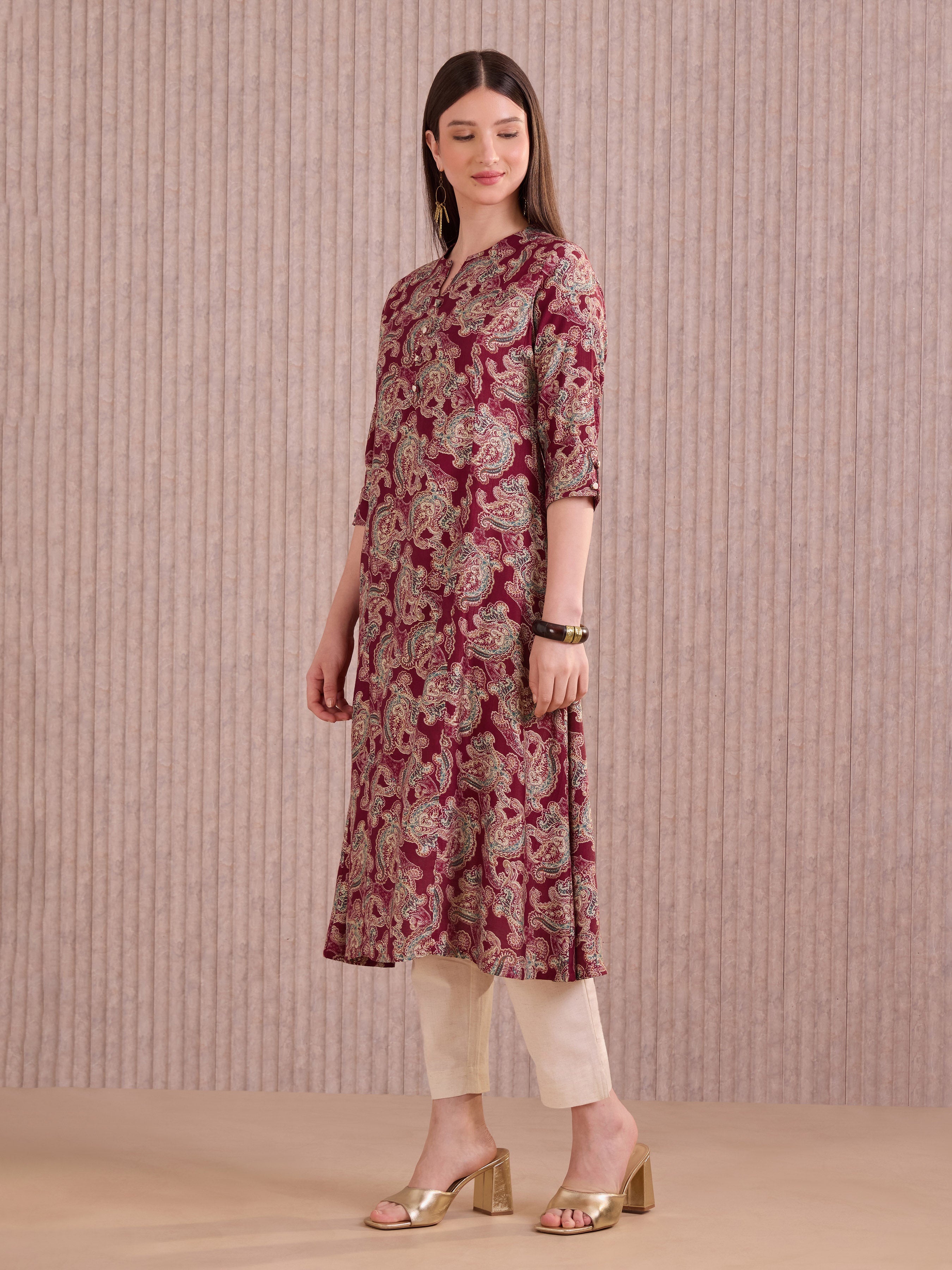 Maroon Viscose Blend Printed Kurti