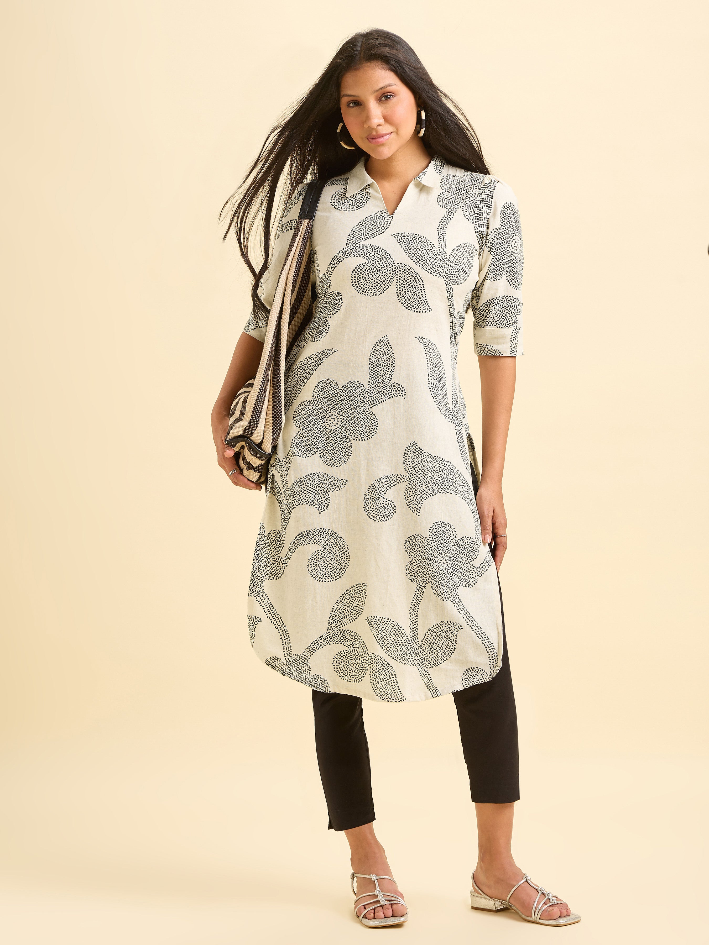 Ivory Cotton Flax Printed Kurti With Liberty Cut.