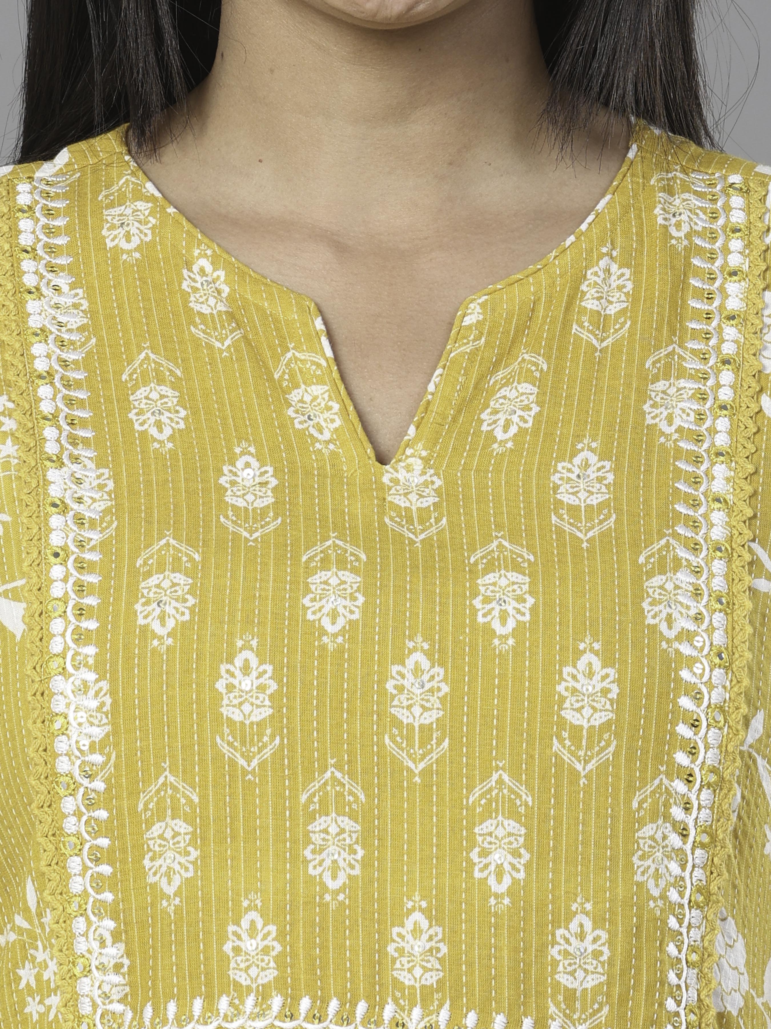 Mustard Yellow Pure Cotton Kurti With Embroidery