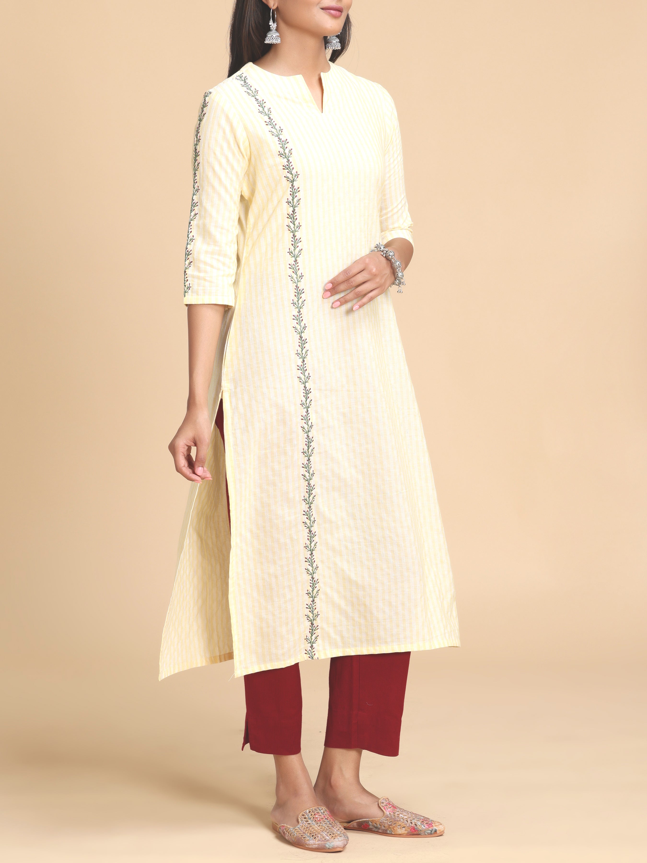 Pale Yellow Cotton Dobby Kurti With Embroidery