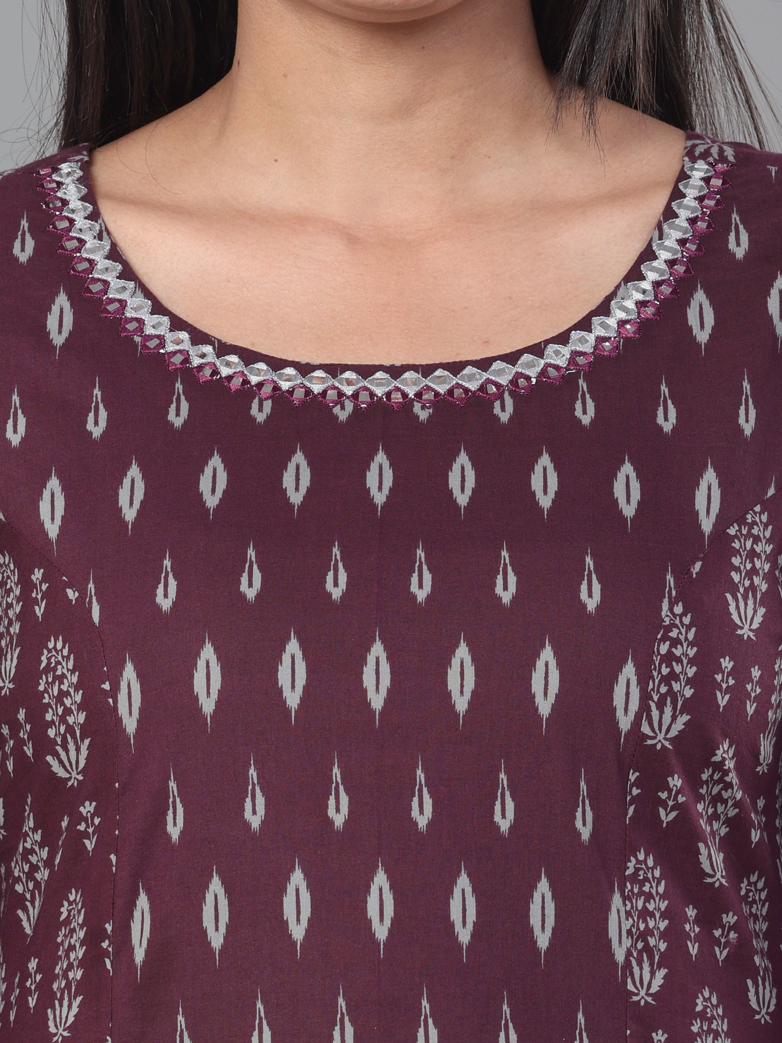 Wine Red Pure Cotton Printed Kurti With Mirror Work