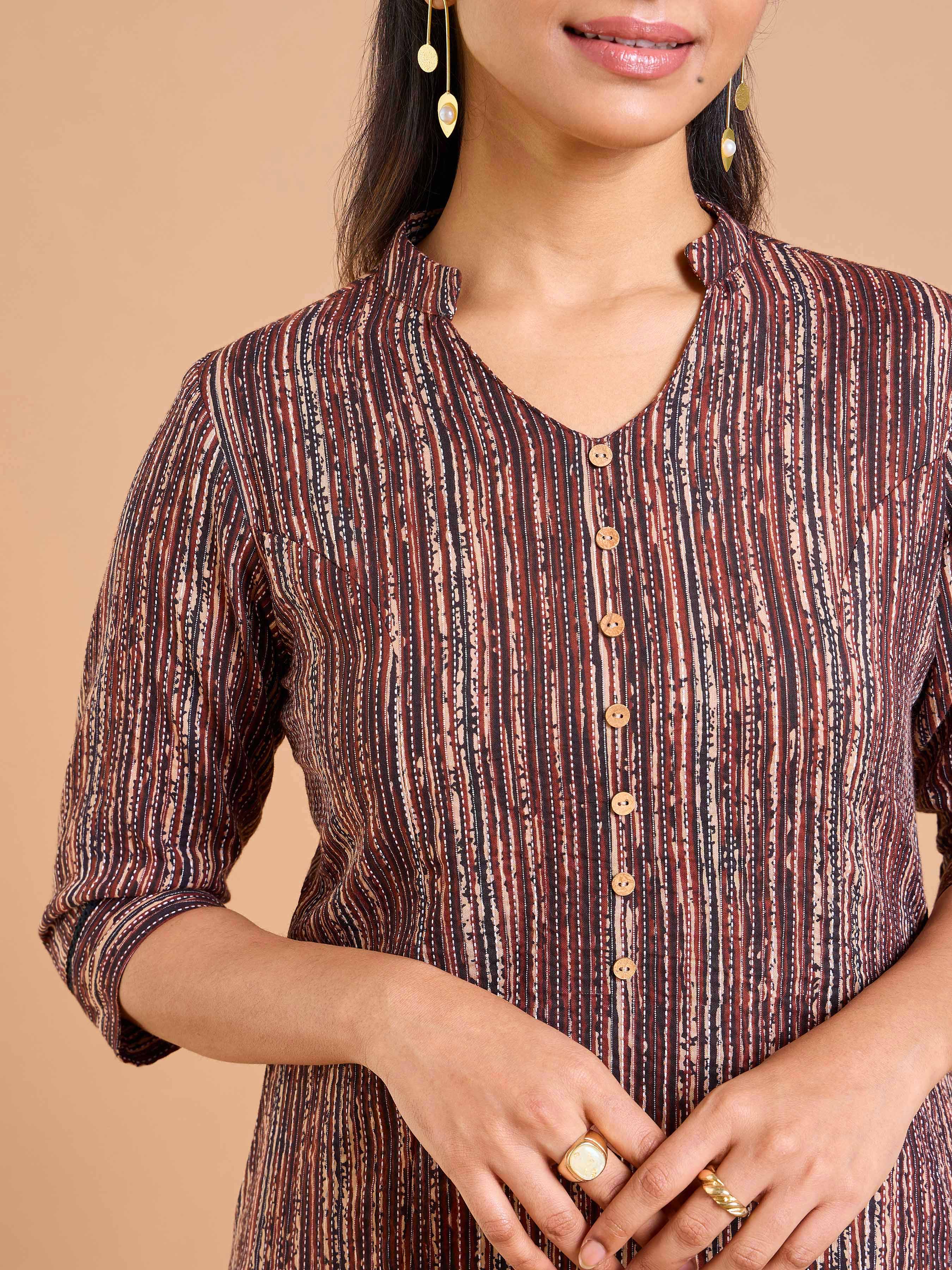 Coffee Brown Pure Cotton Katha Printed Kurti With Princess Cut