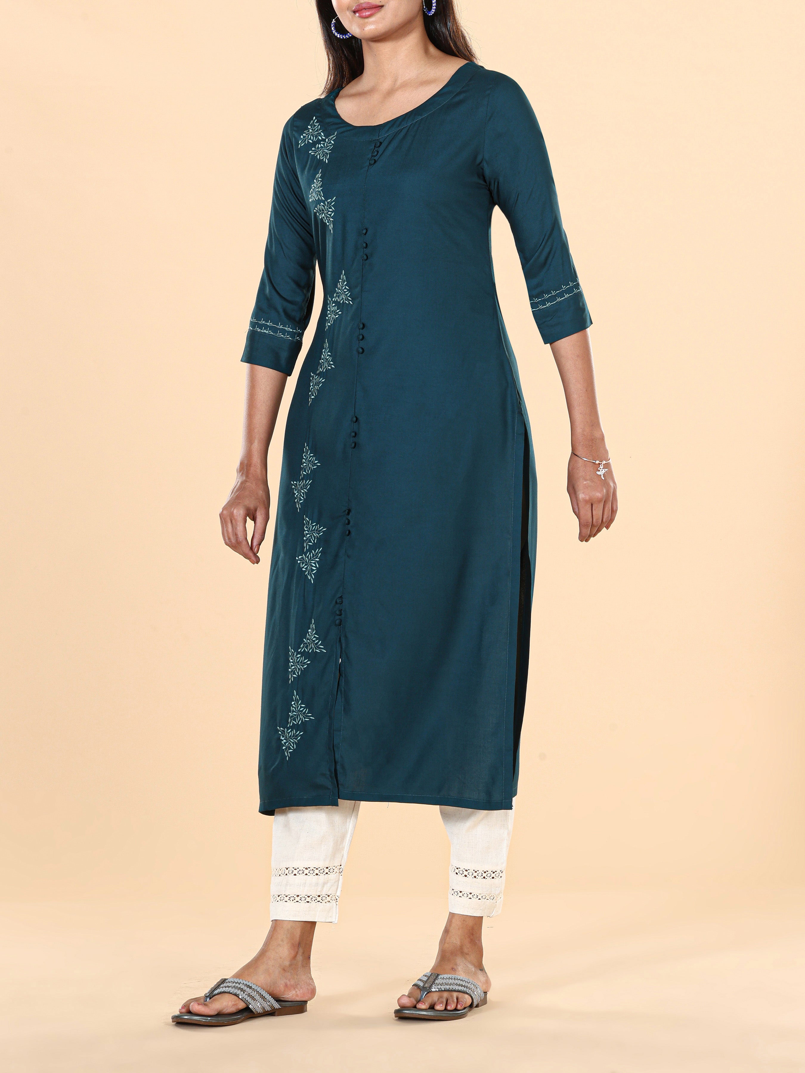 Teal Blue Viscose Plain Kurti With Embroidery