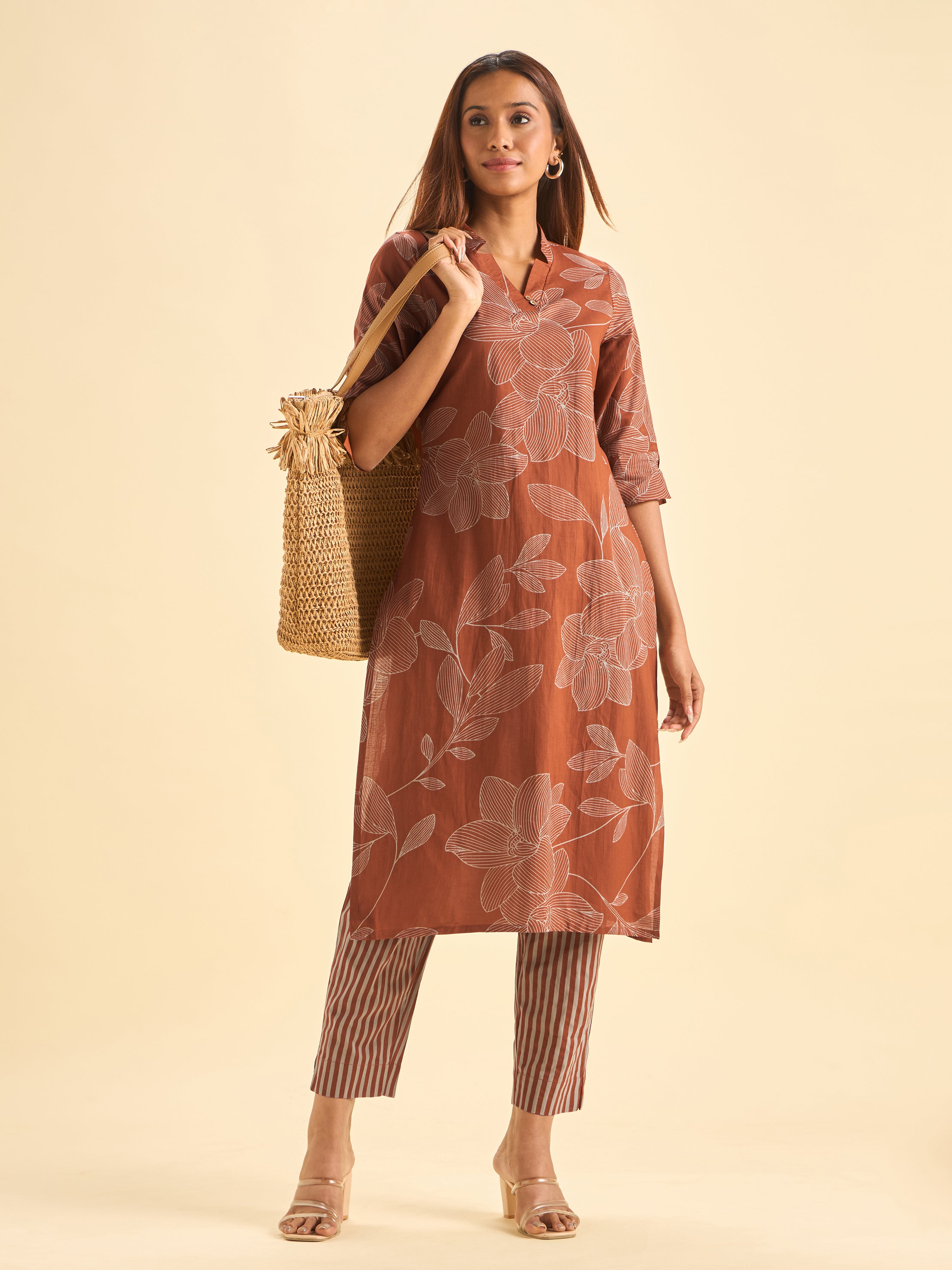 Rust Orange Pure Cotton Slit Kurti With Print