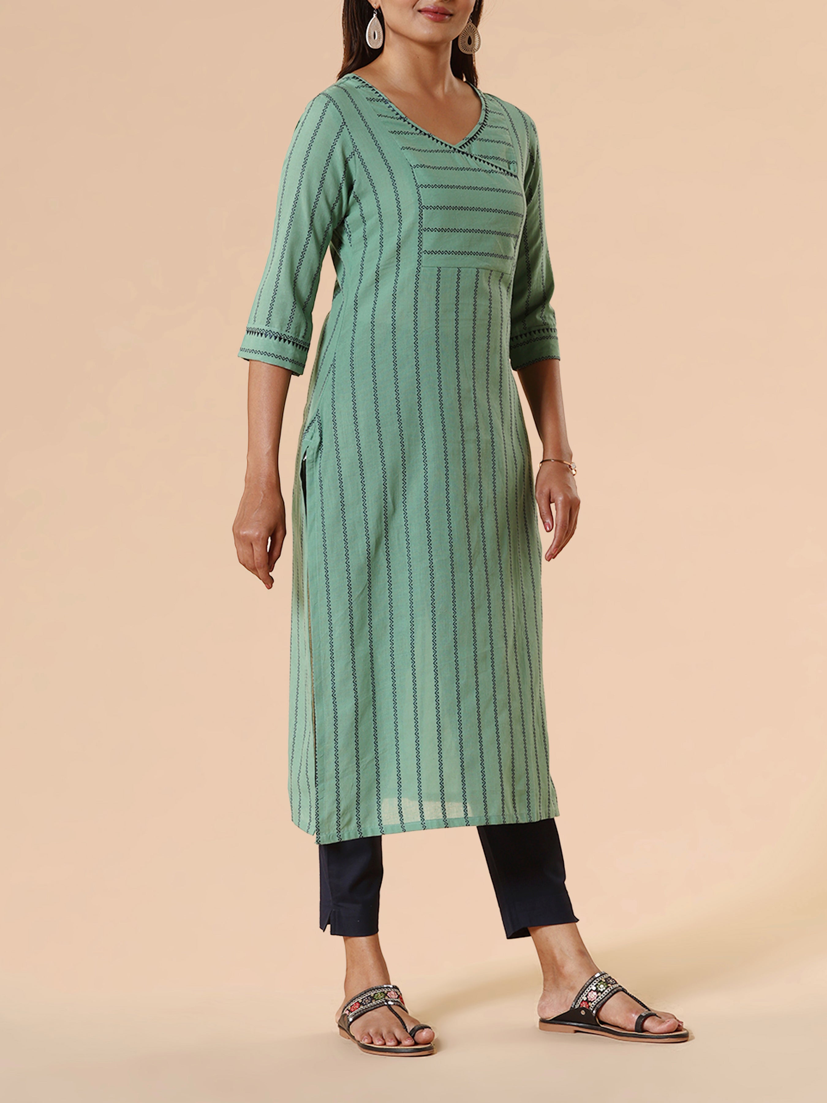 Mint Green Cotton Dobby Kurti With Embroidery