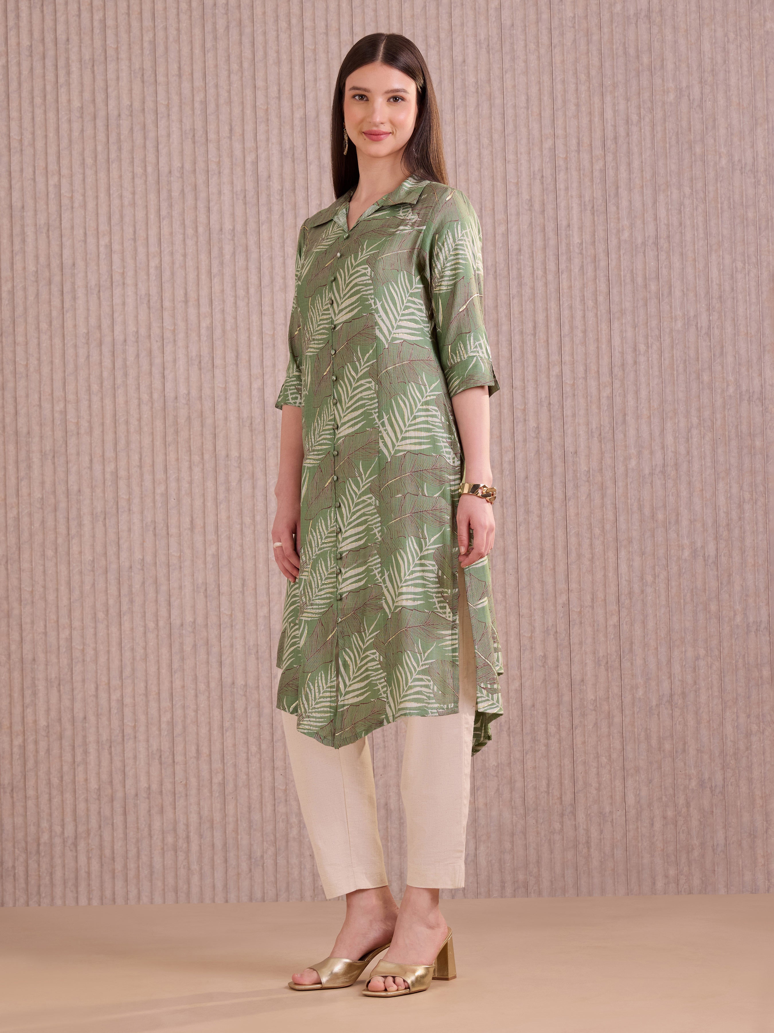 Olive Green Viscose Blend Printed Kurti