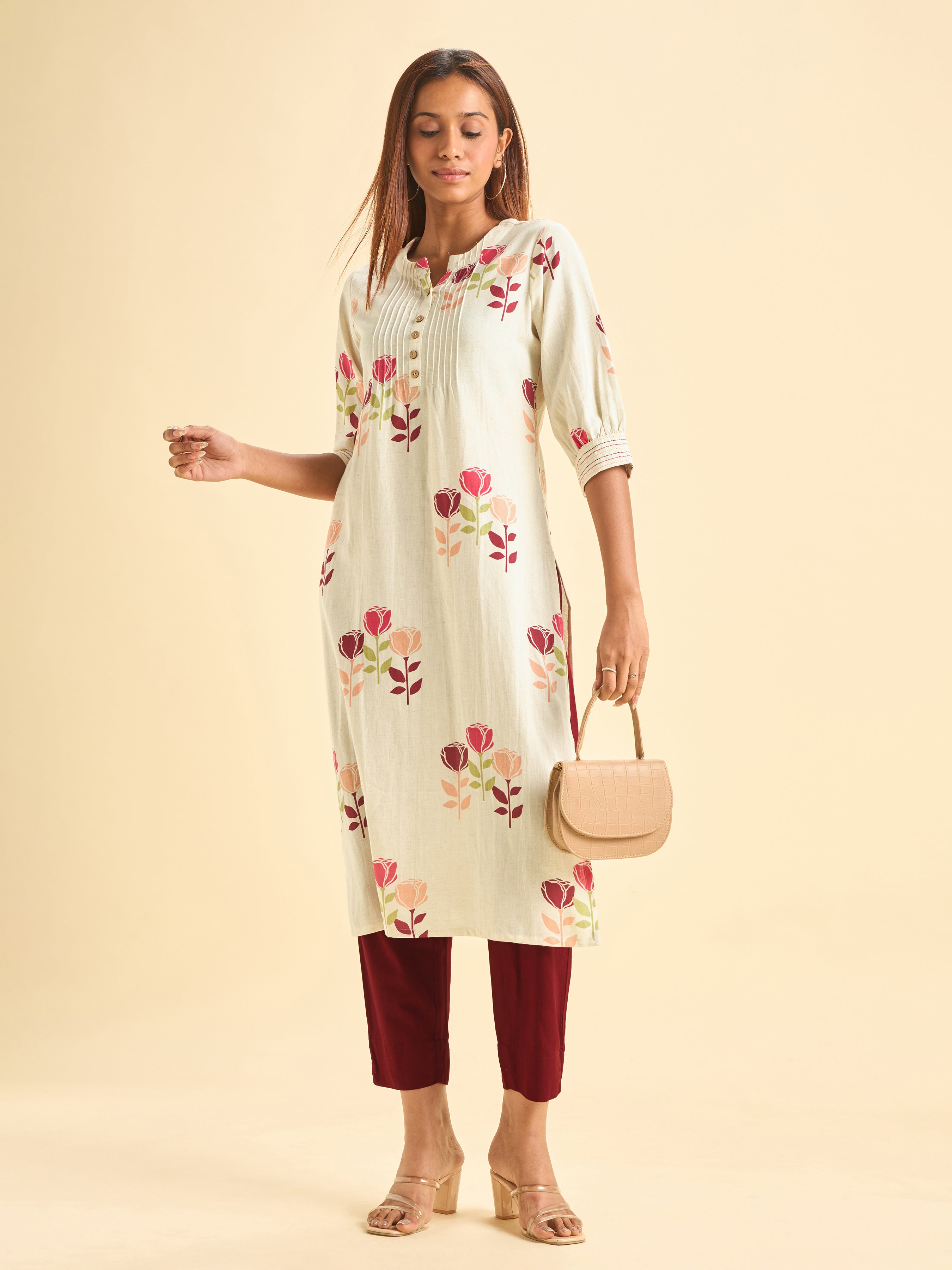 Multicolour Cotton Flax Printed Slited Kurti With Embroidery On Sleeves And Pintucks