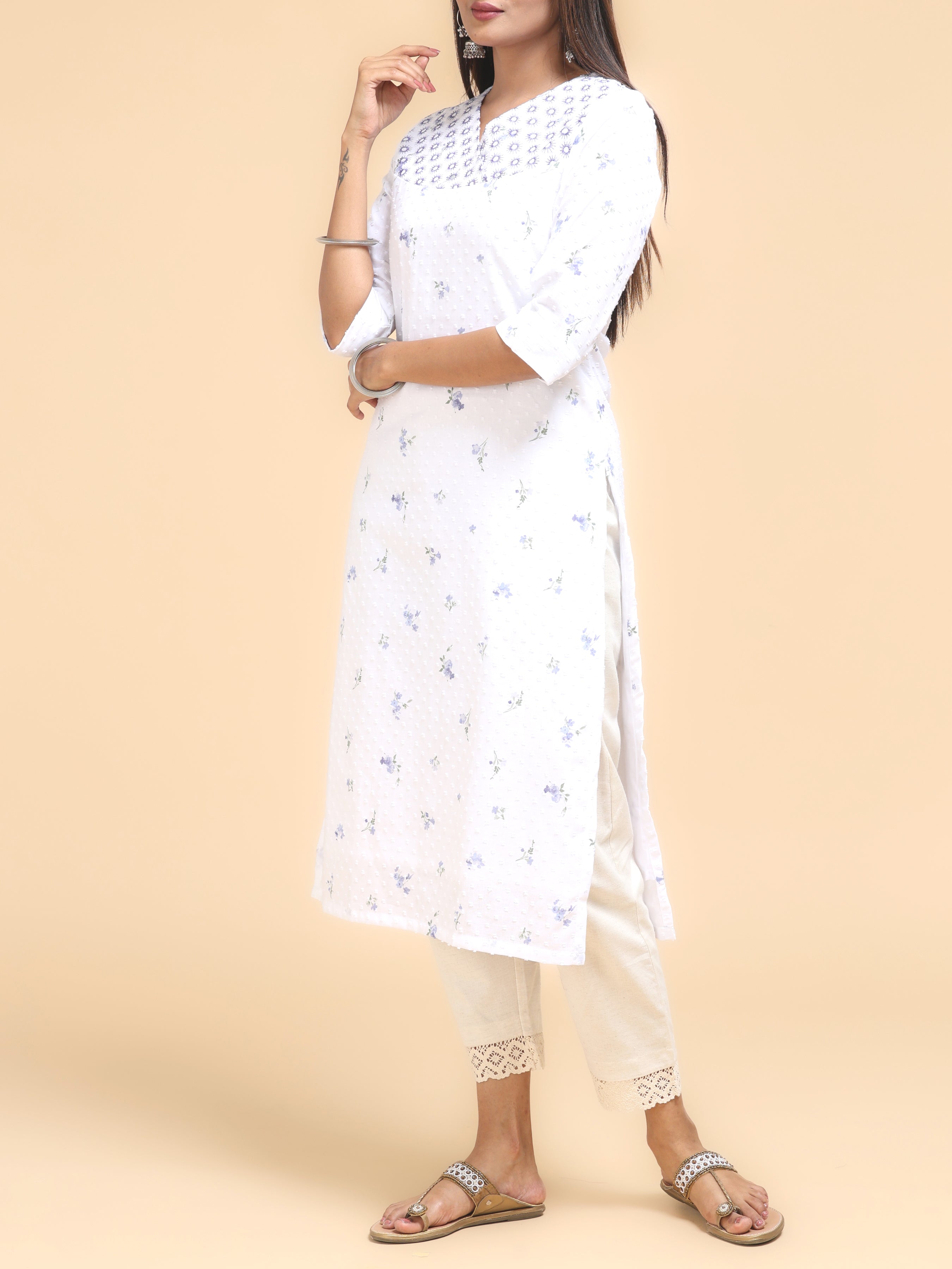 White Cotton Dobby Printed Kurti With Embroidery