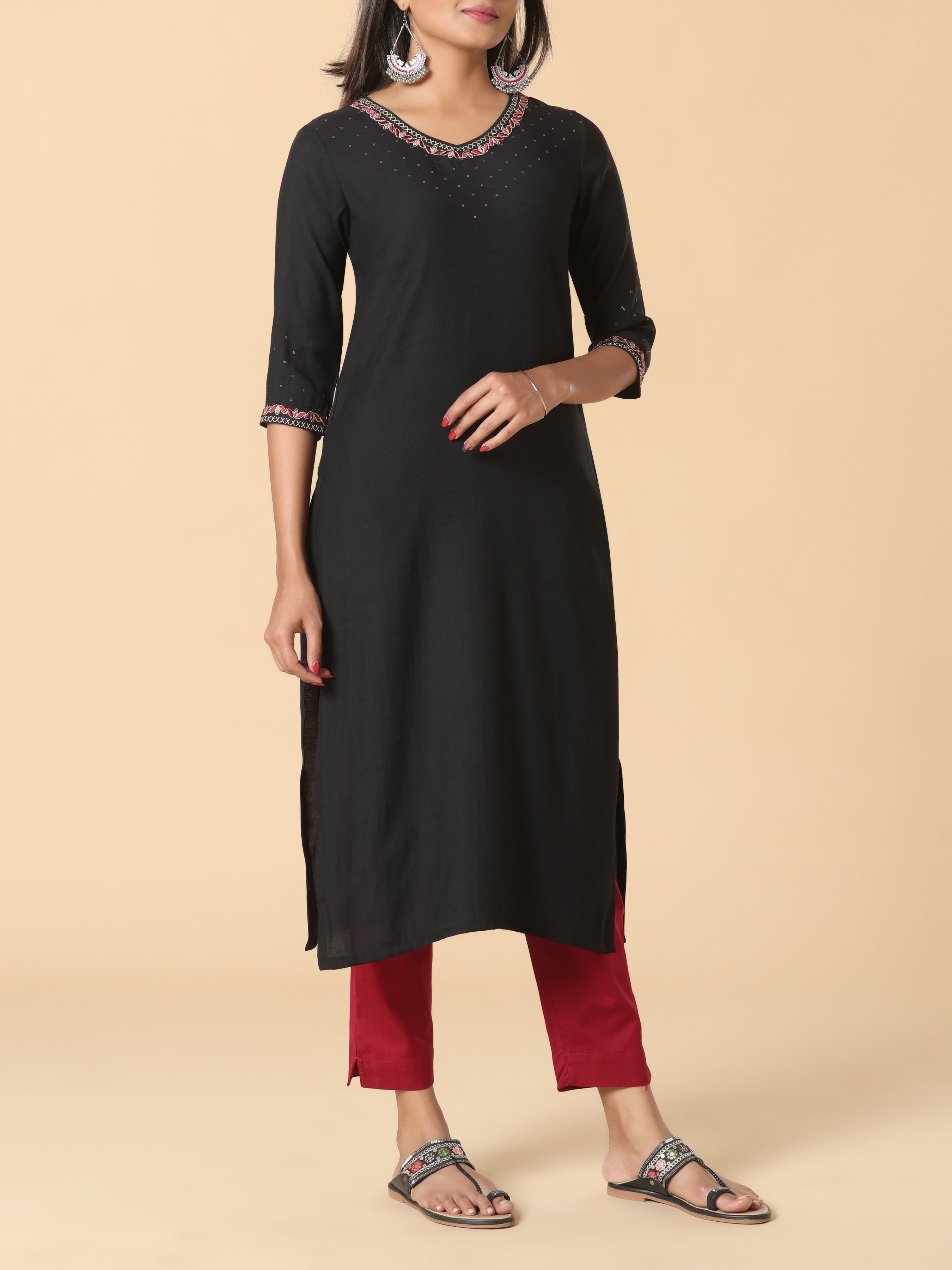 Black Viscose Plain Kurti With Embroidery