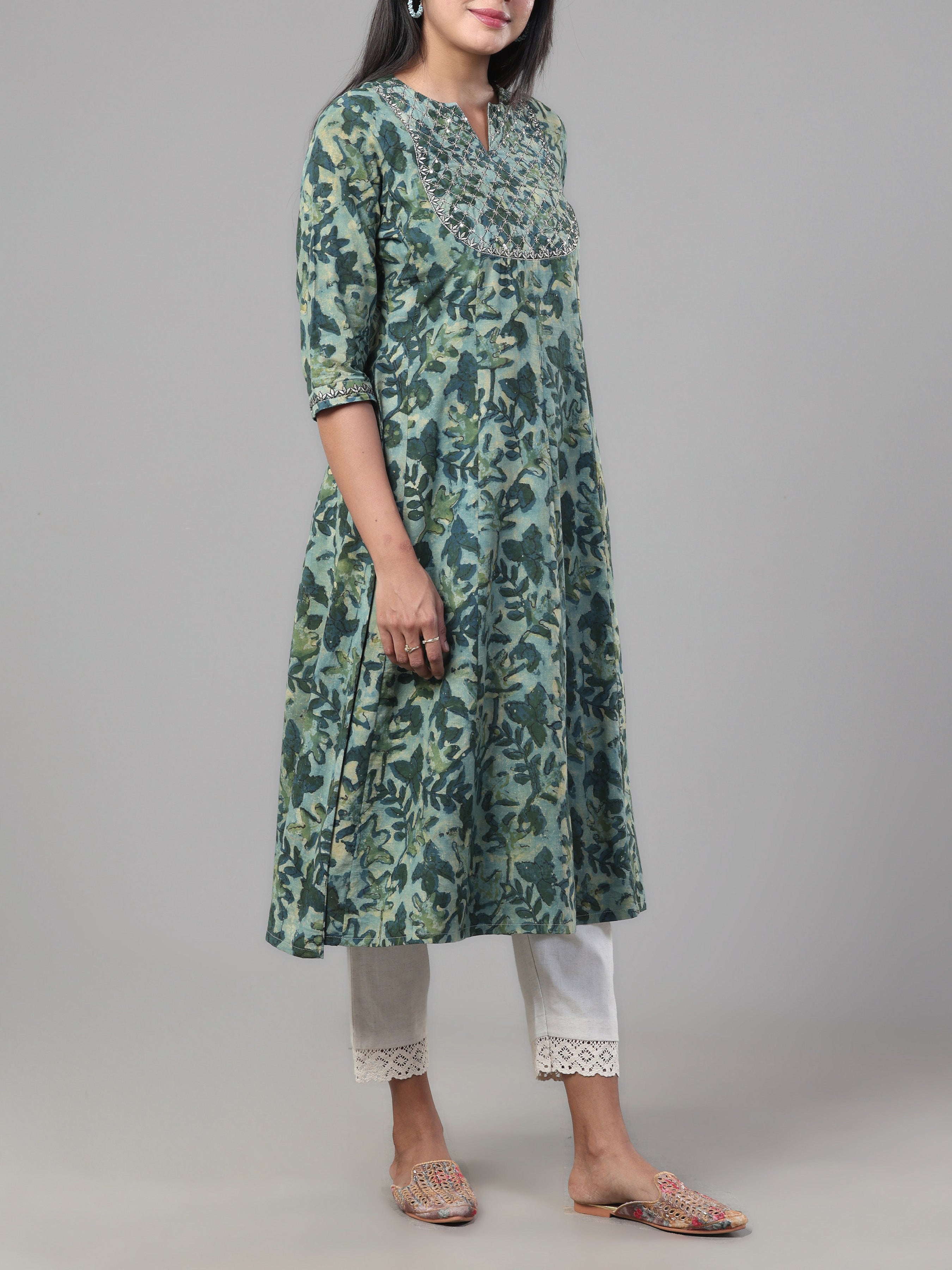 Olive Green Pure Cotton Printed Kurti
