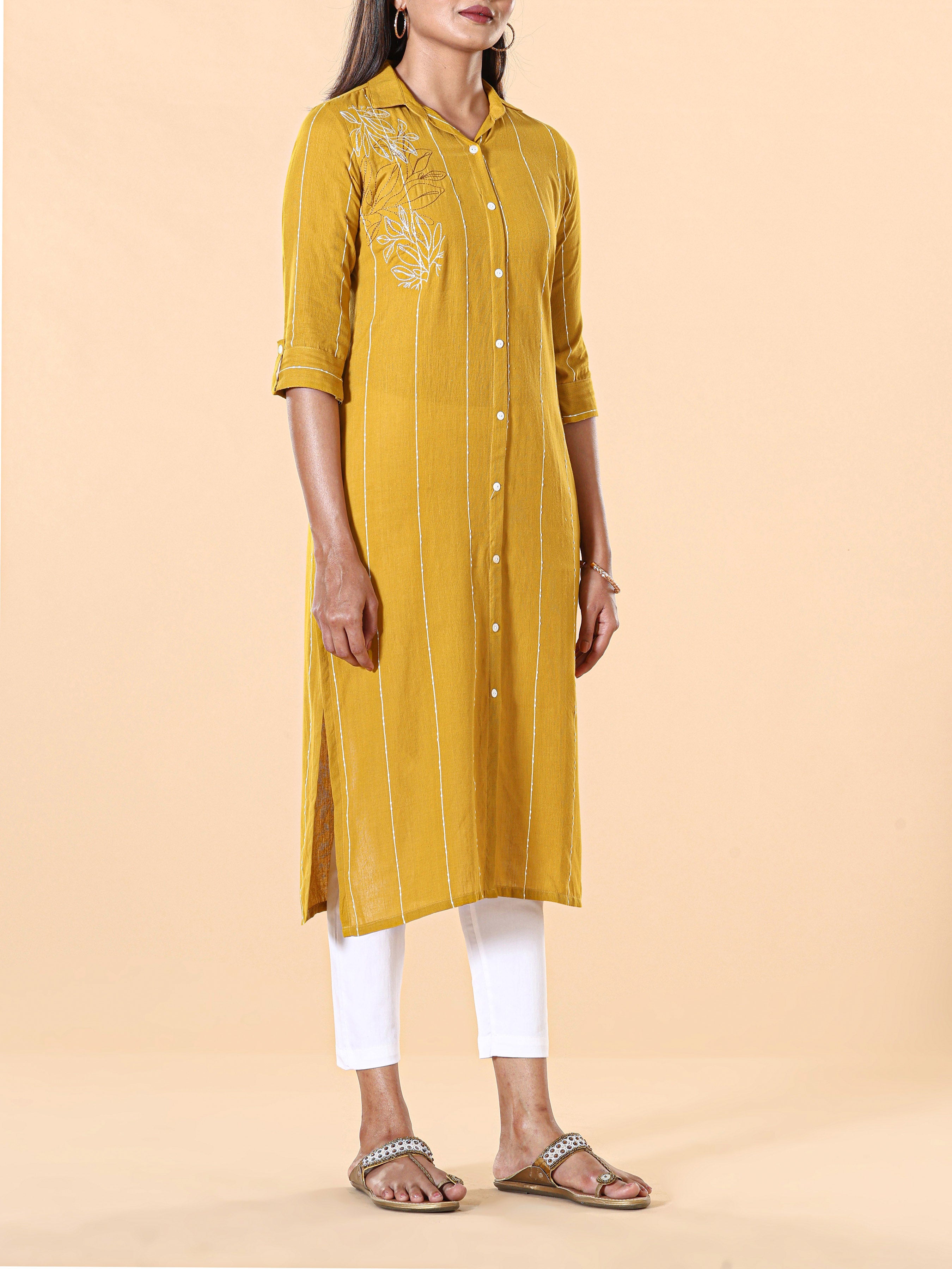 Mustard Yellow Cotton Dobby Kurti With Shirt Collar