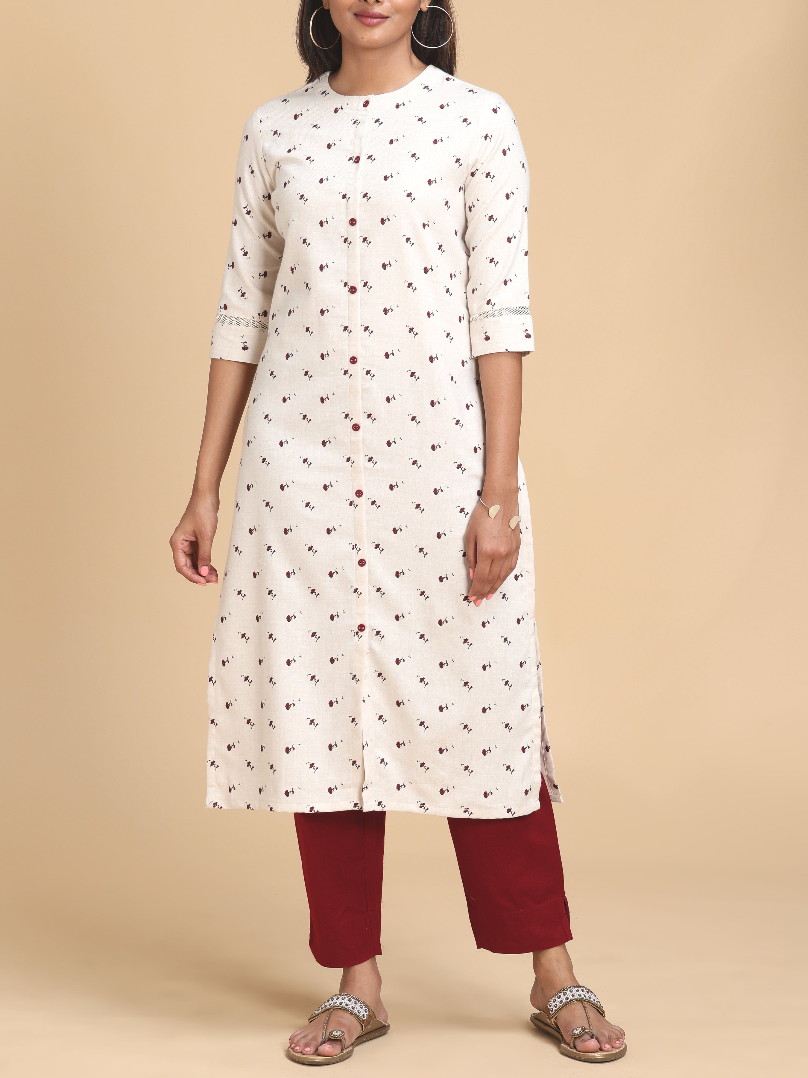 Ivory Double Cotton Kurti With Floral Print
