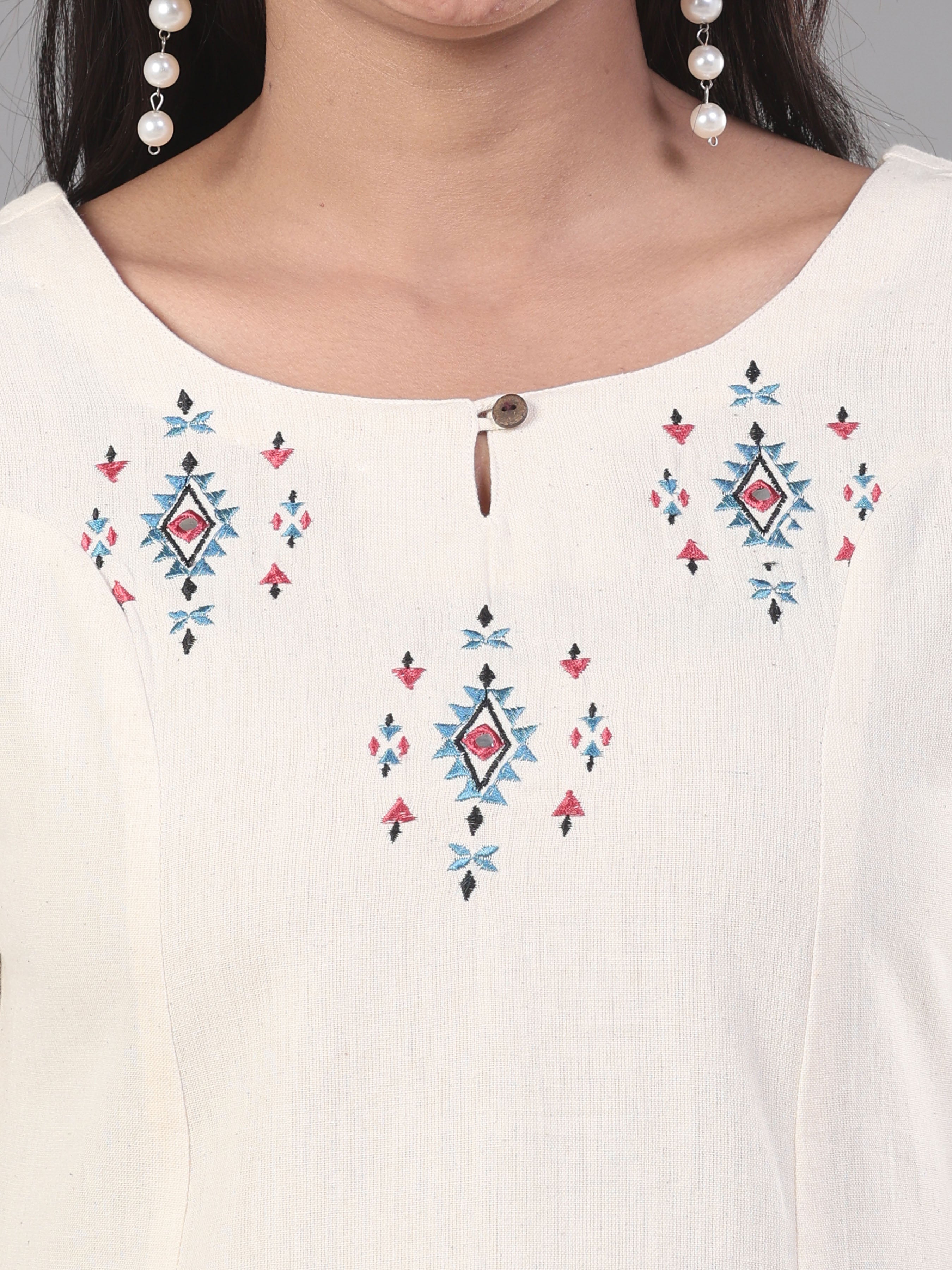 Ivory Cotton Flax Printed Kurti With Embroidery