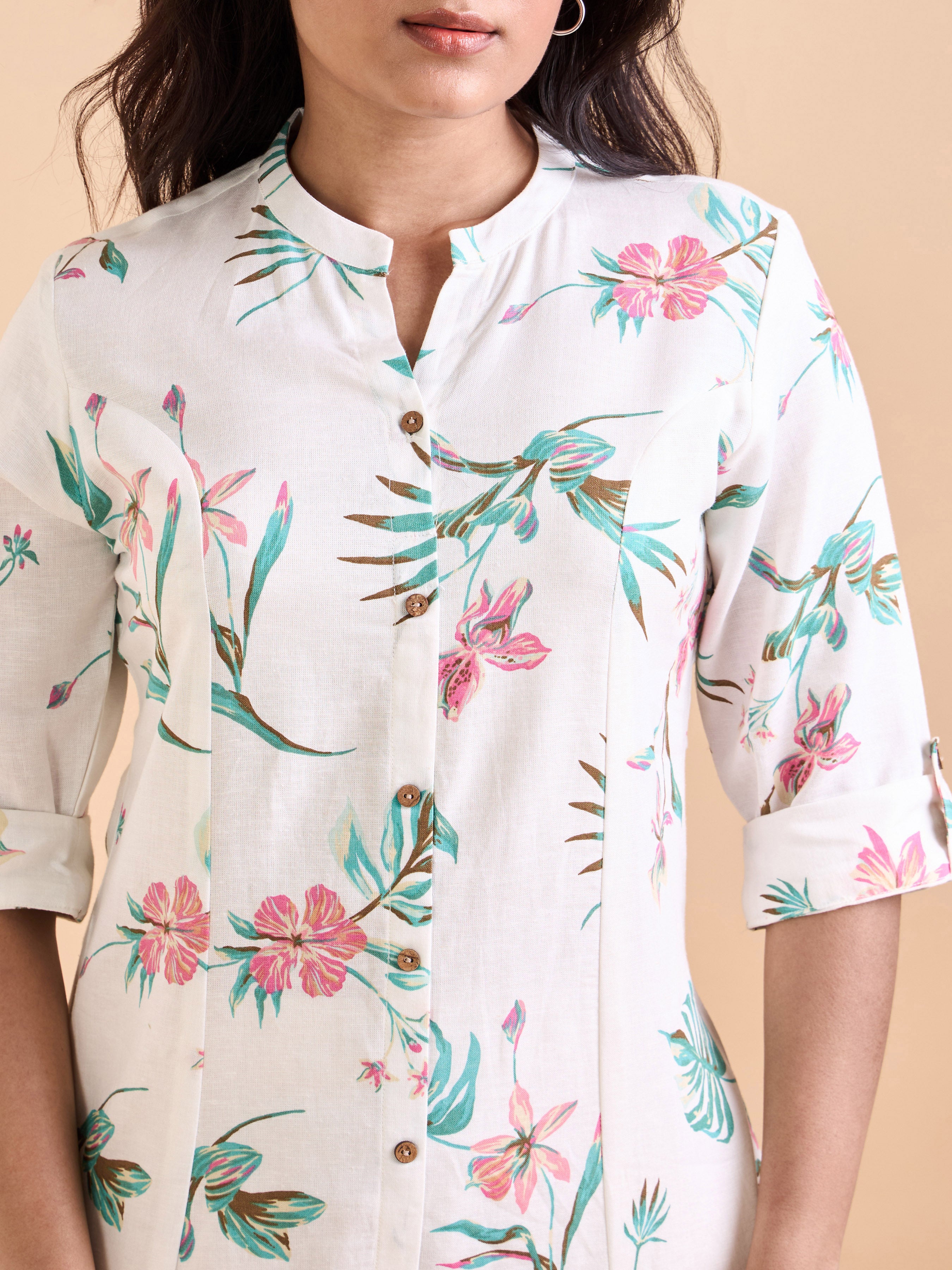 White Viscose Slub Floral Printed Kurti With Lace