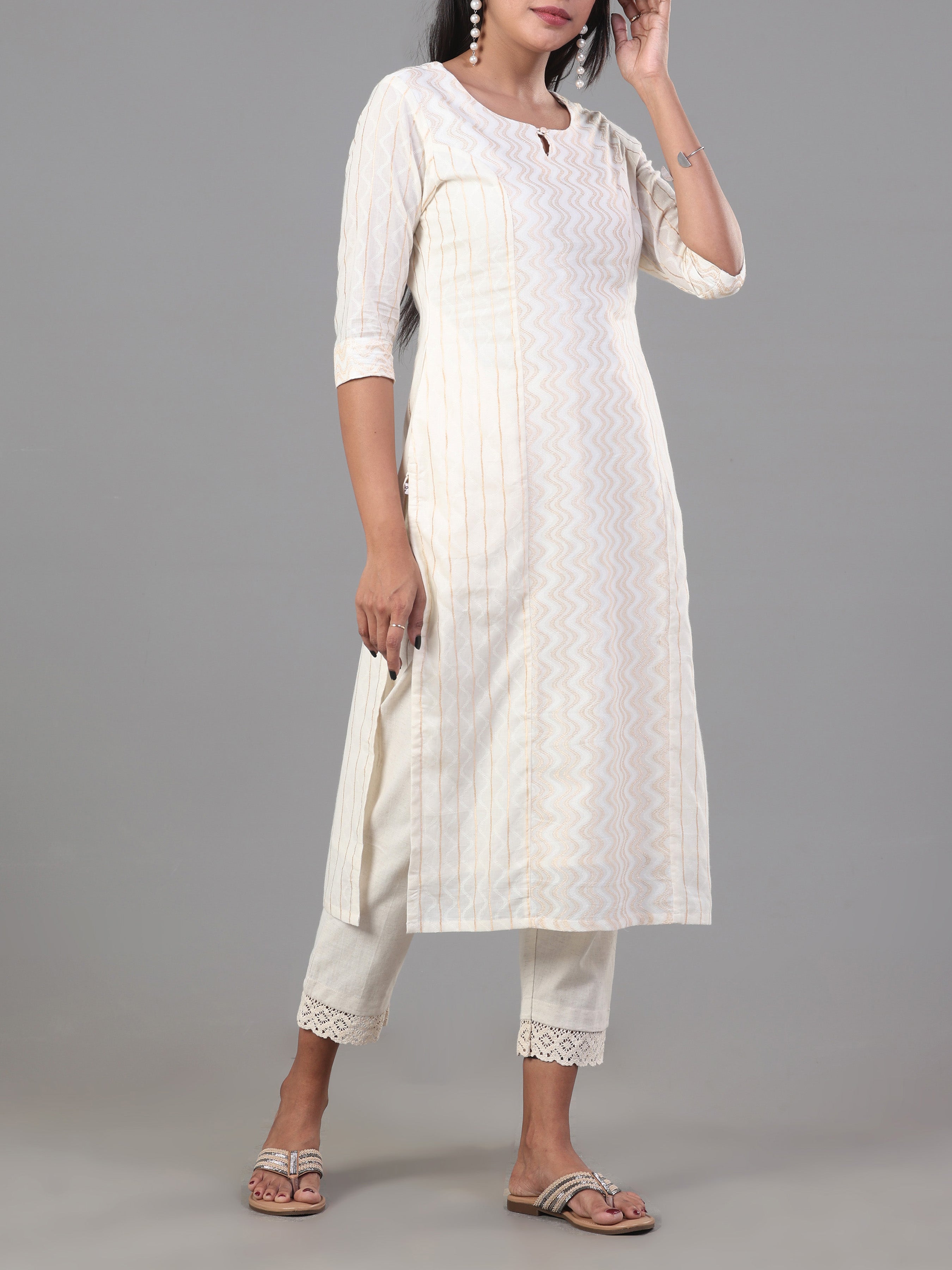 Ivory Cotton Jacquard Kurti With Princess Cut