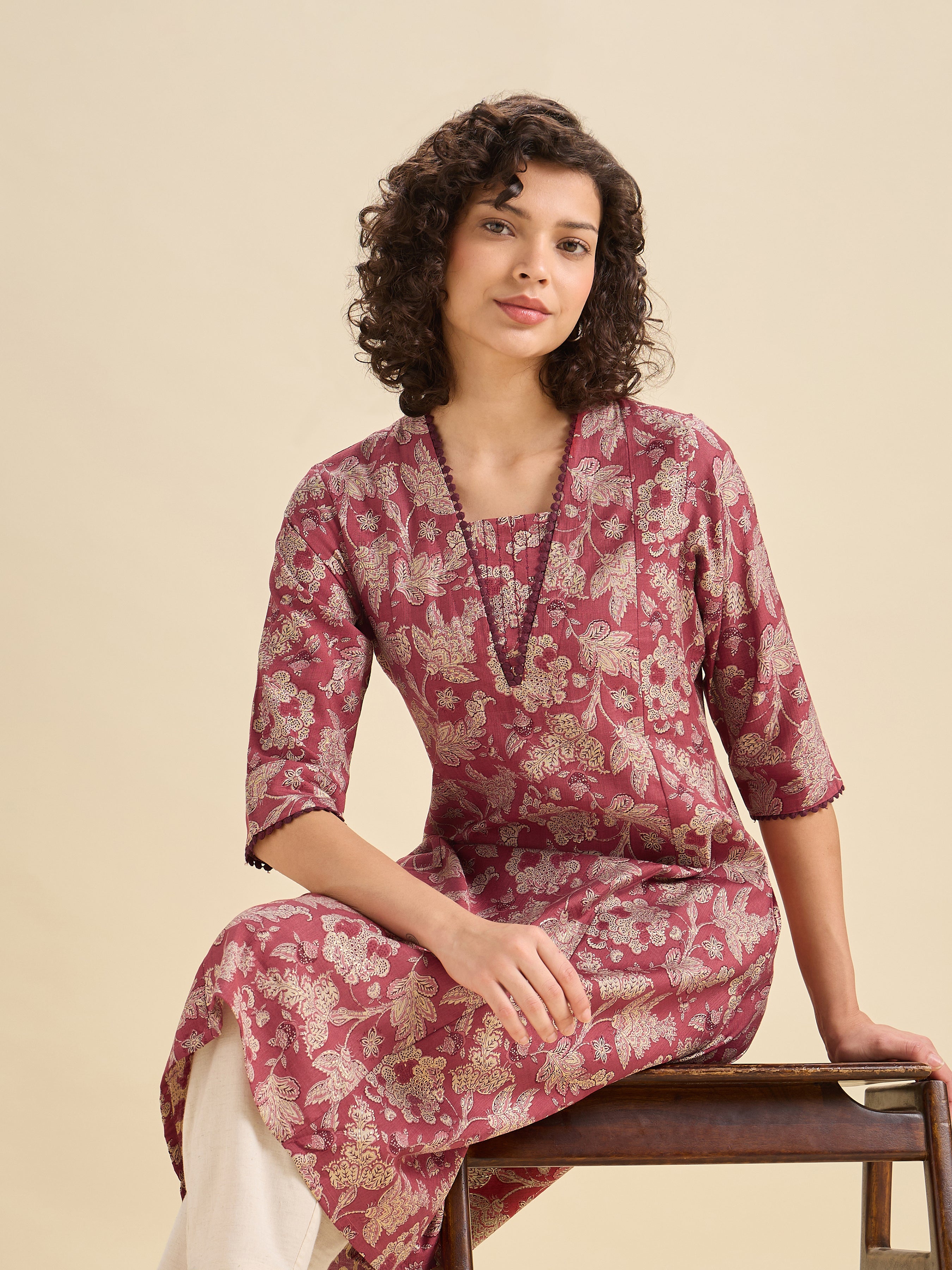 Maroon Multi Viscose Blend Printed Flared Kurti With Lace