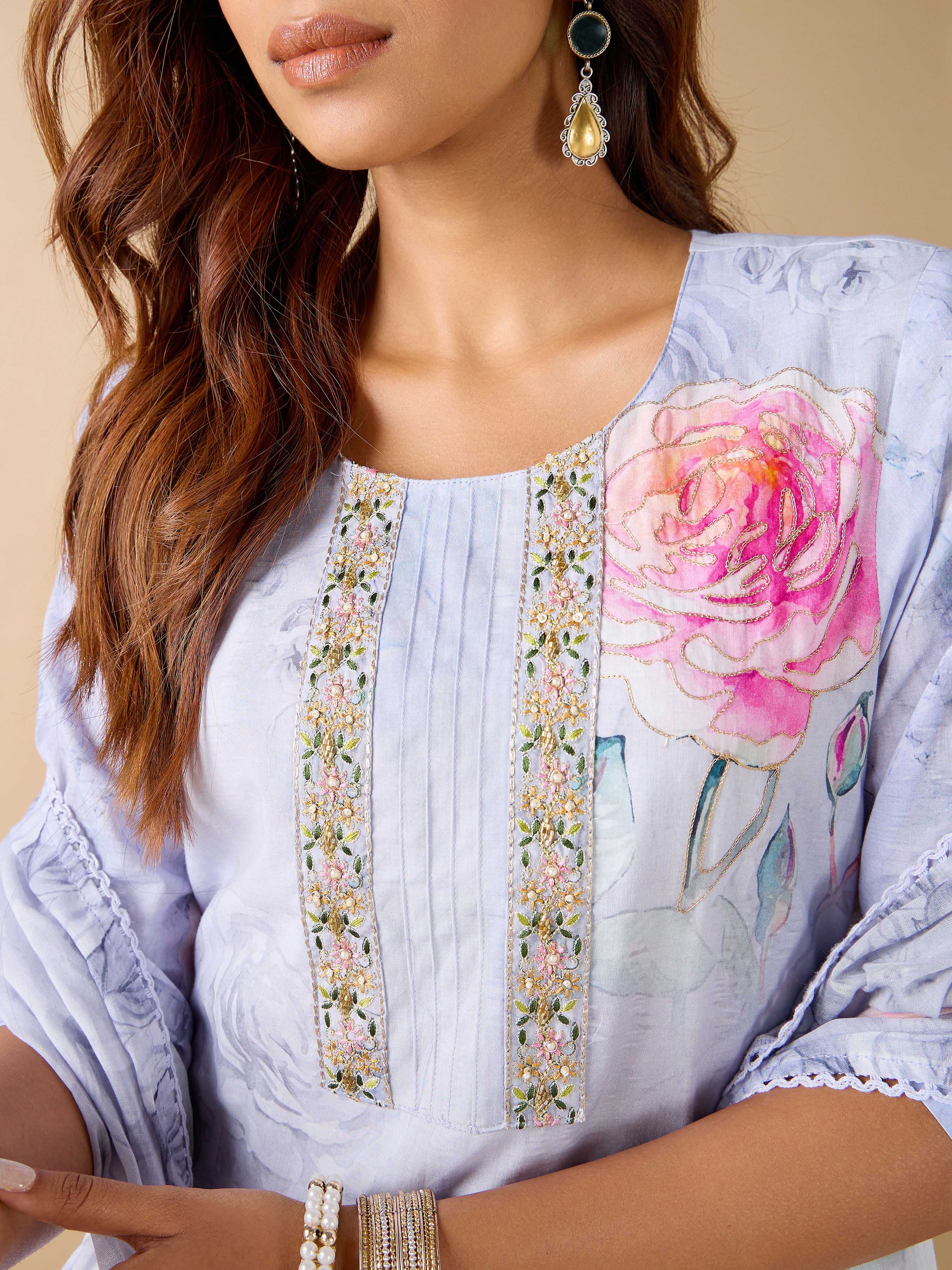 Lavender Pure Cotton Printed Kurti With Embroidery And Matching Bottom