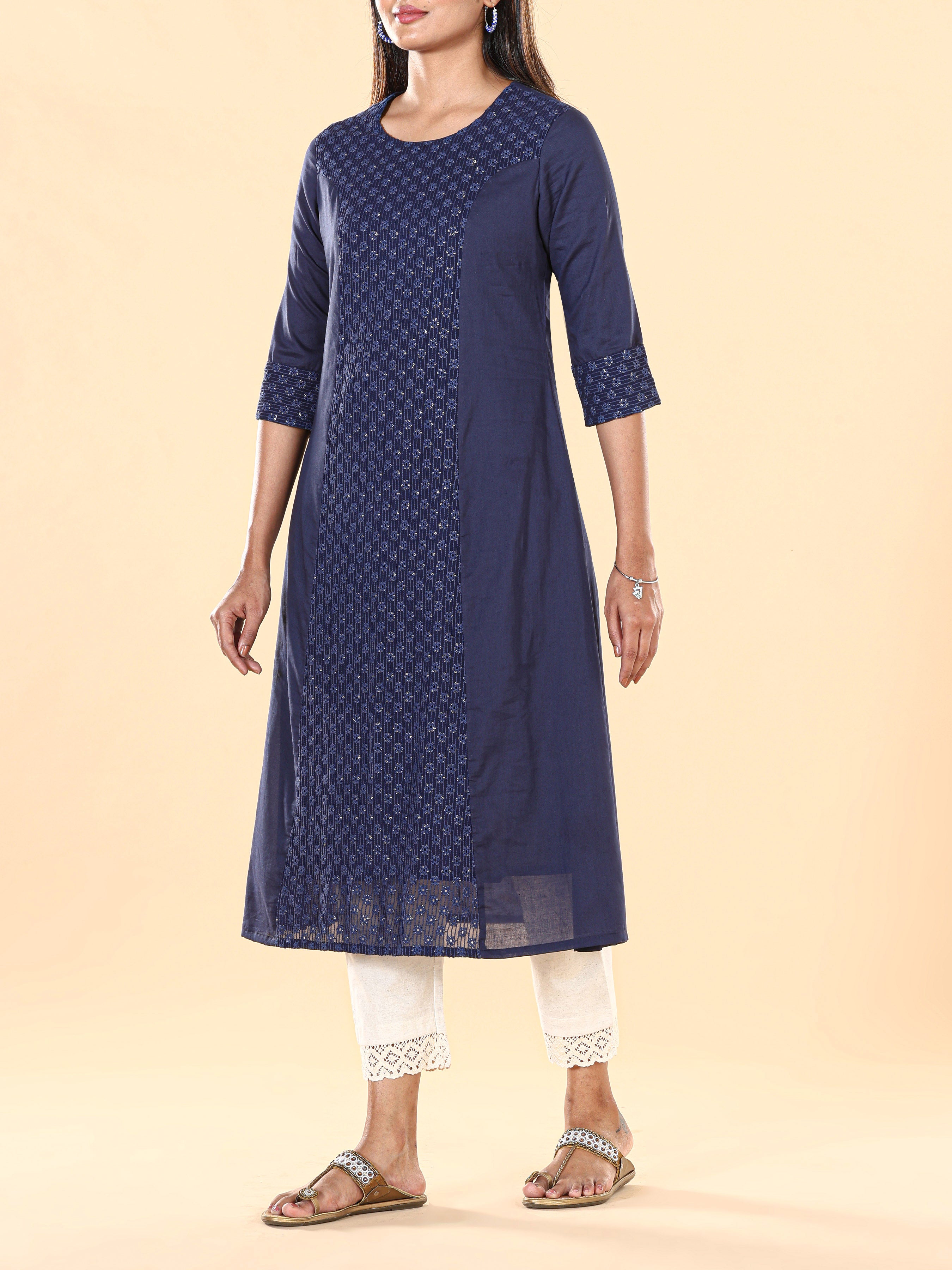Navy Blue Pure Cotton Kurti With Sequins Work