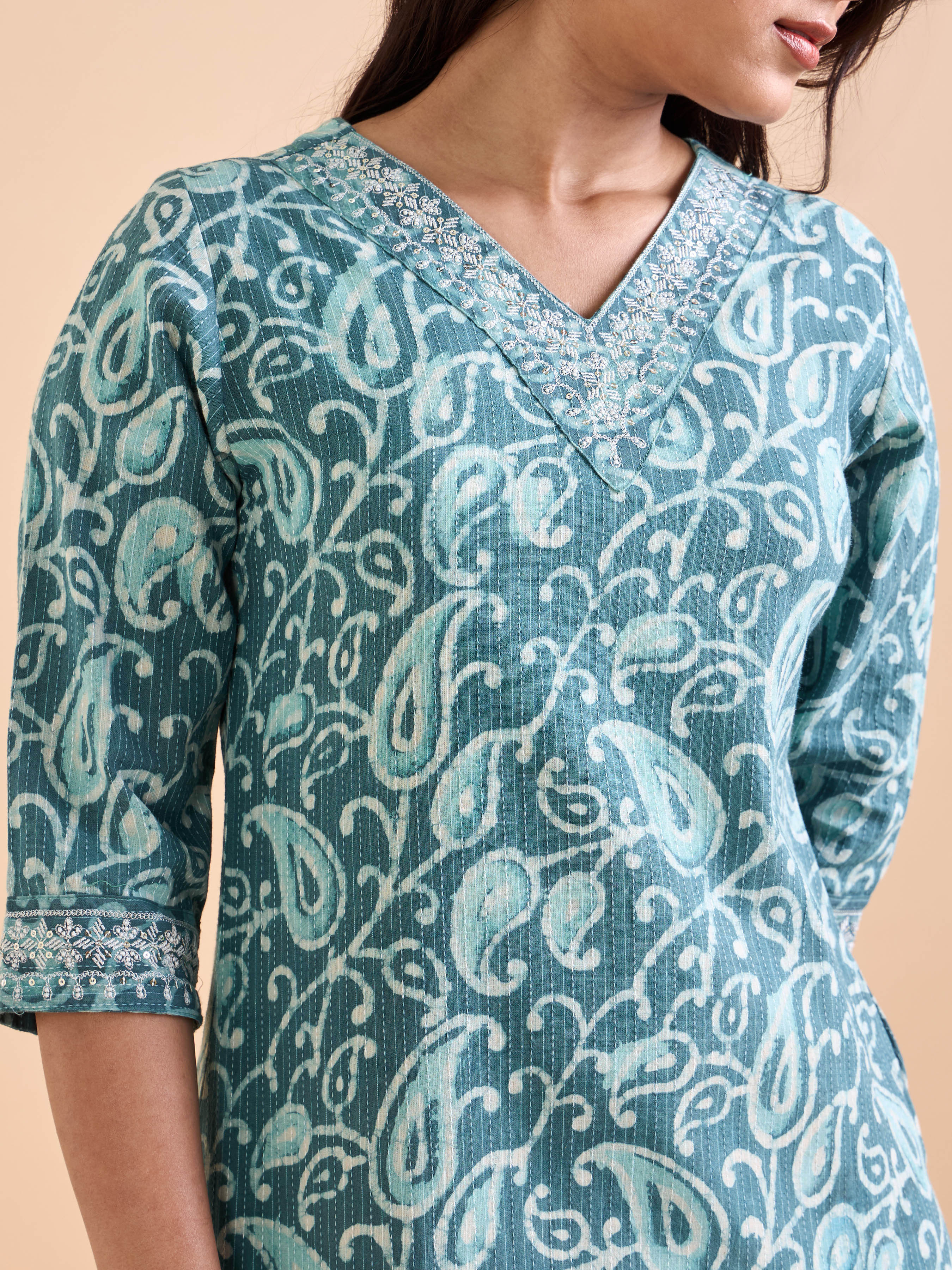 Aqua green Cotton Katha Printed Kurti With Embroidery Sequins Work