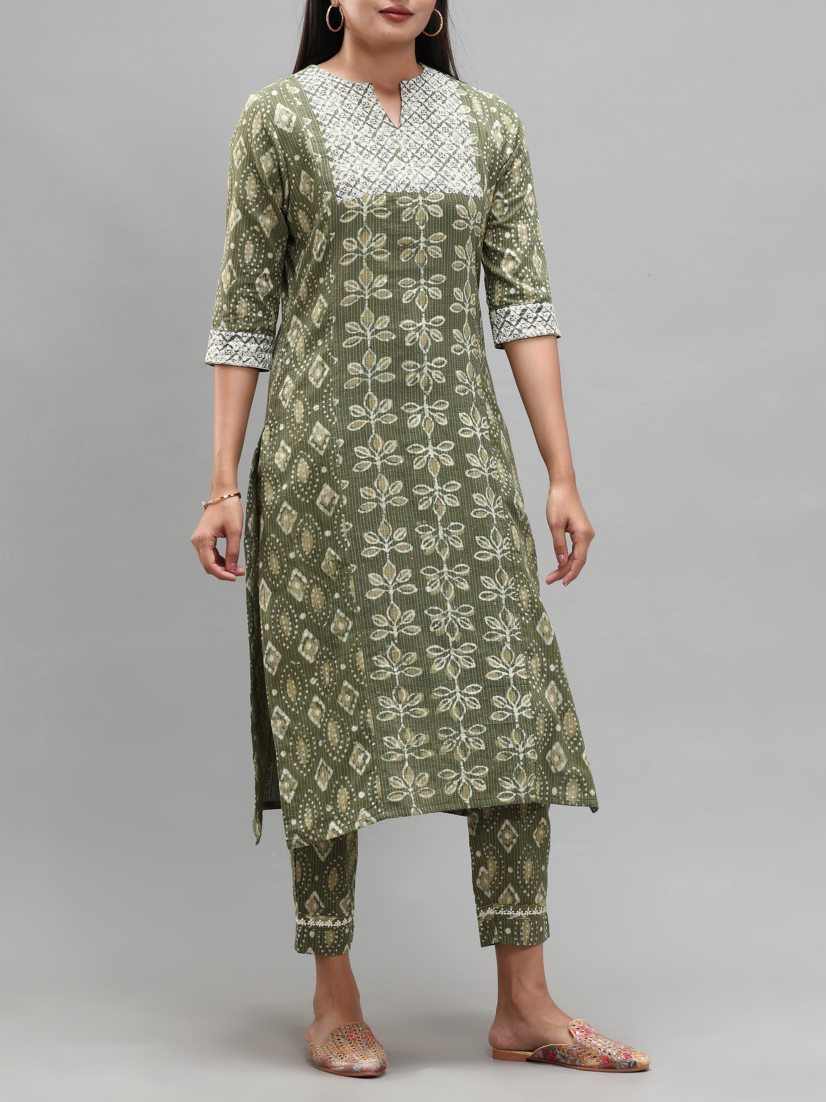 Olive Green Pure Cotton Printed Kurti With Embroidery And Matching Bottom