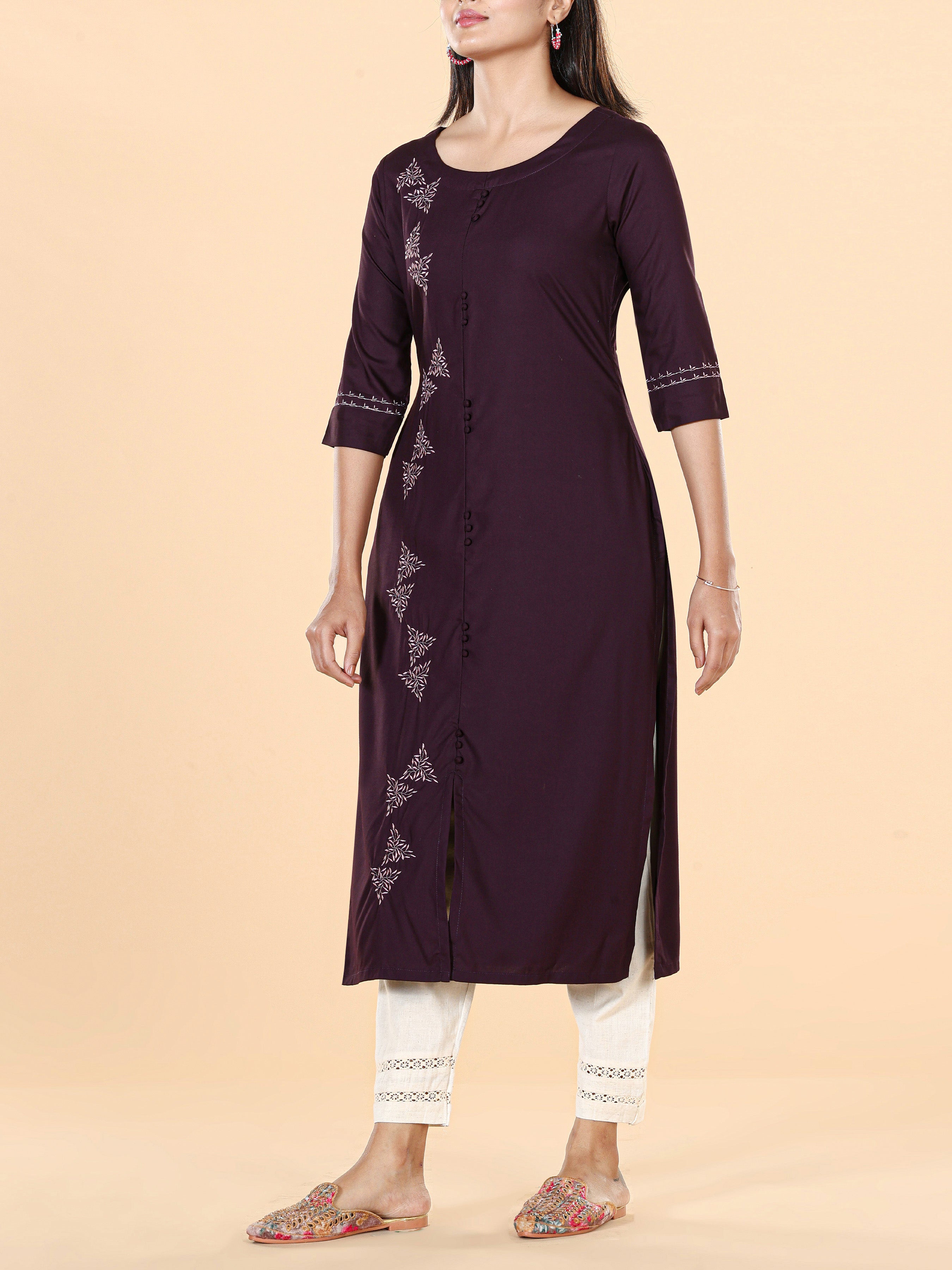 Maroon Viscose Plain Kurti With Embroidery