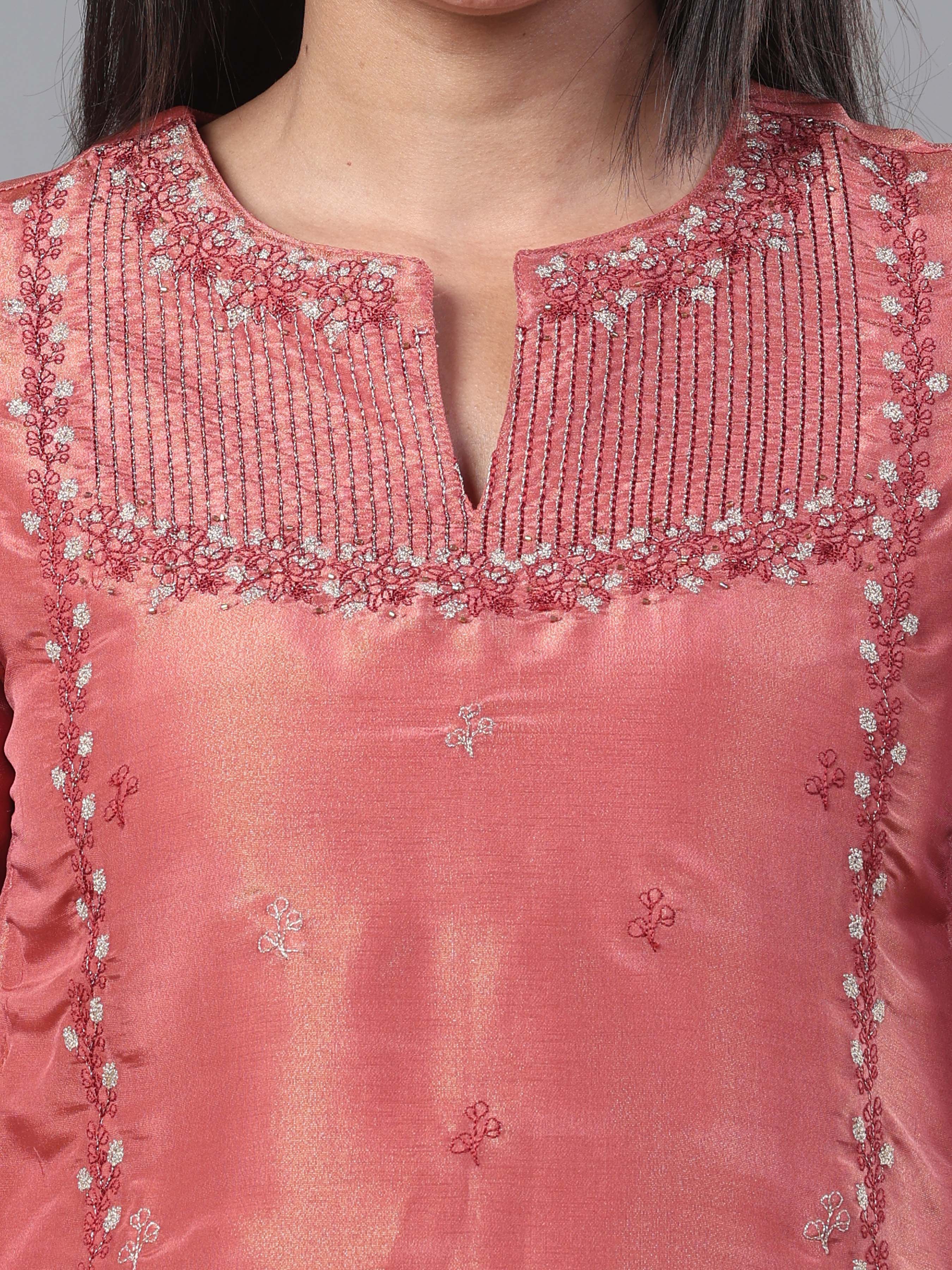 Rust Orange Viscose Shimmer Kurti With Sequins Work And Matching Bottom