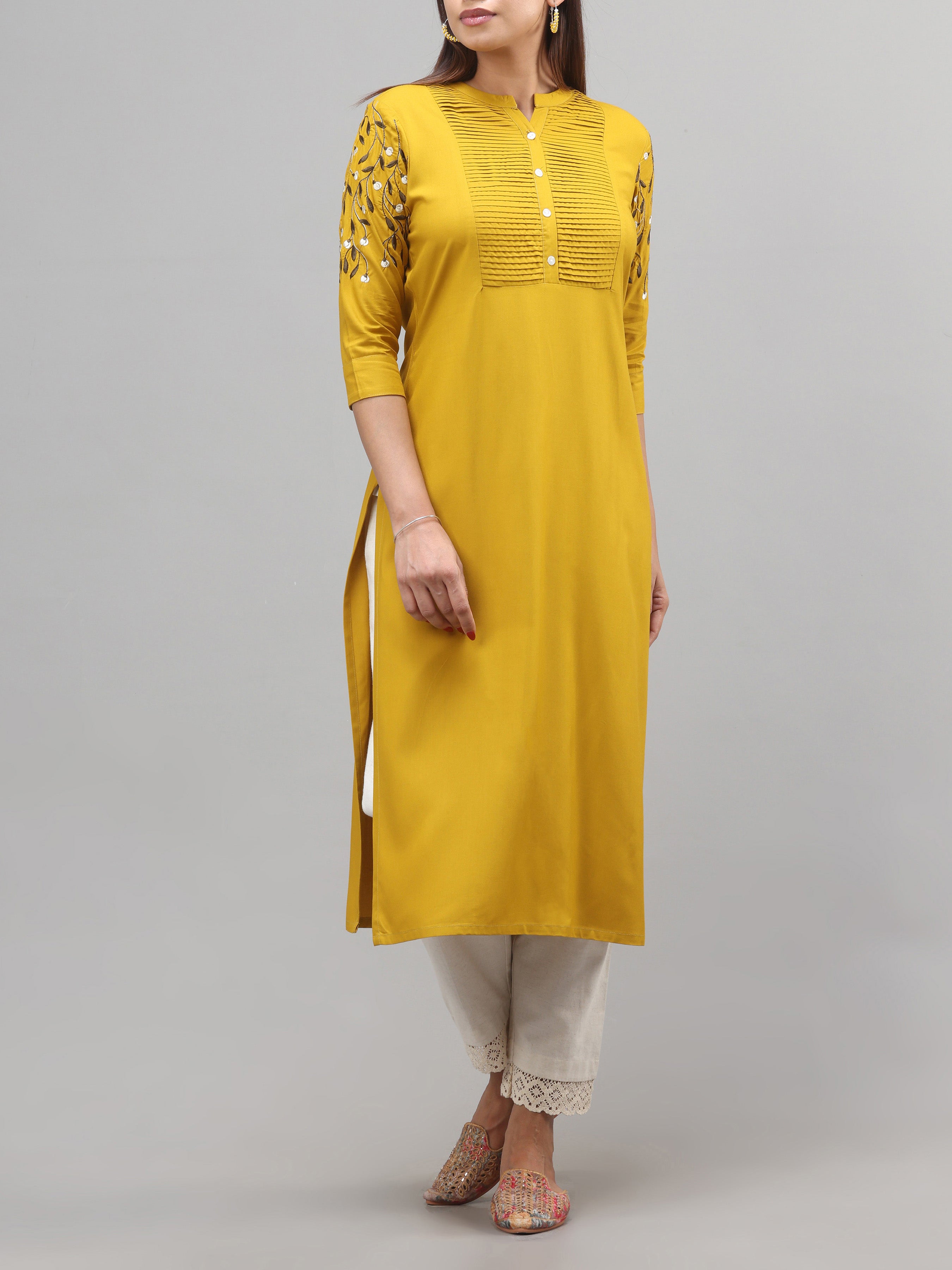 Mustard Yellow Viscose Kurti With Embroidery