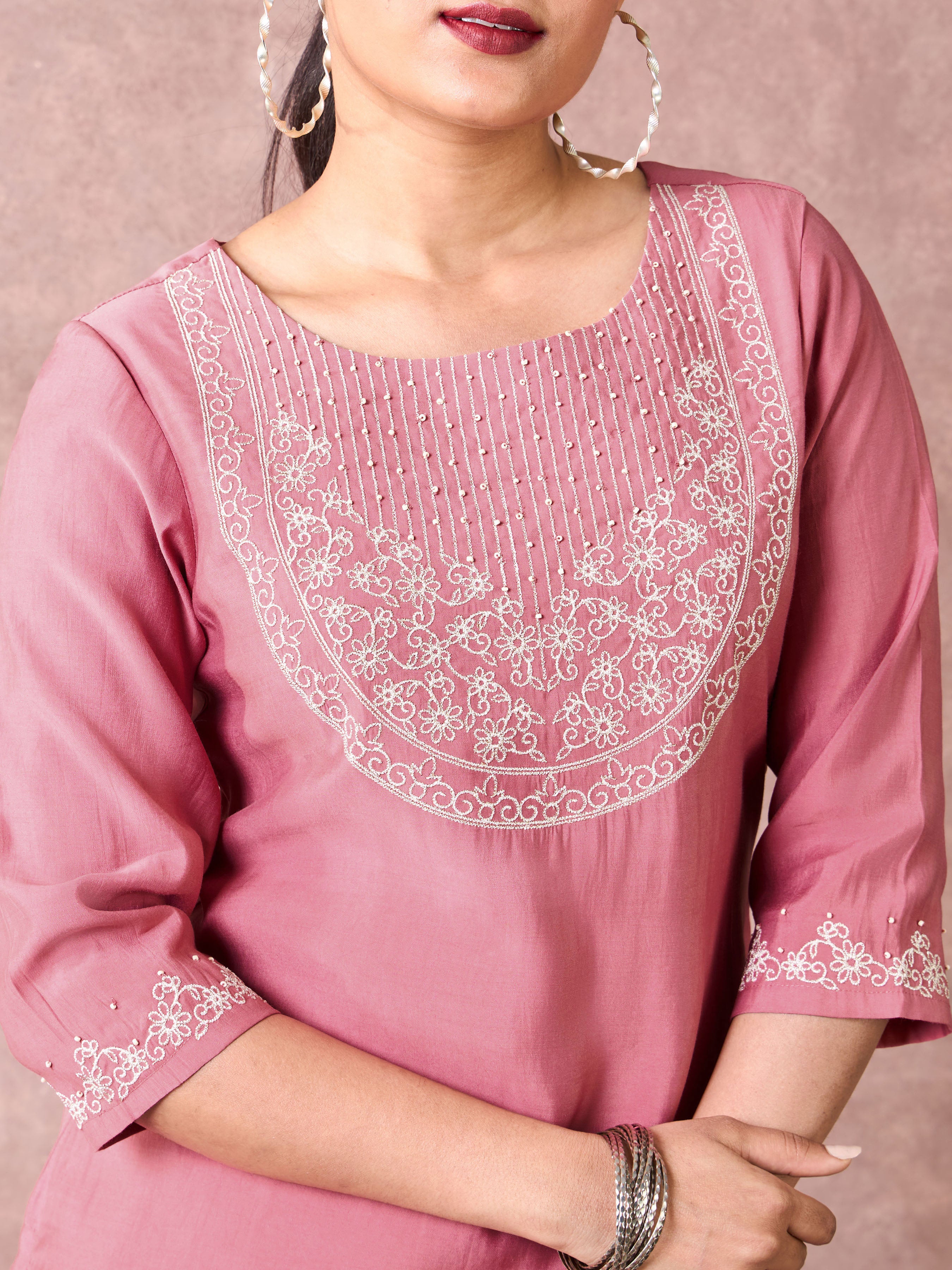 Onion Pink Viscose Blend Kurti & Bottom With Sequins Embroidery