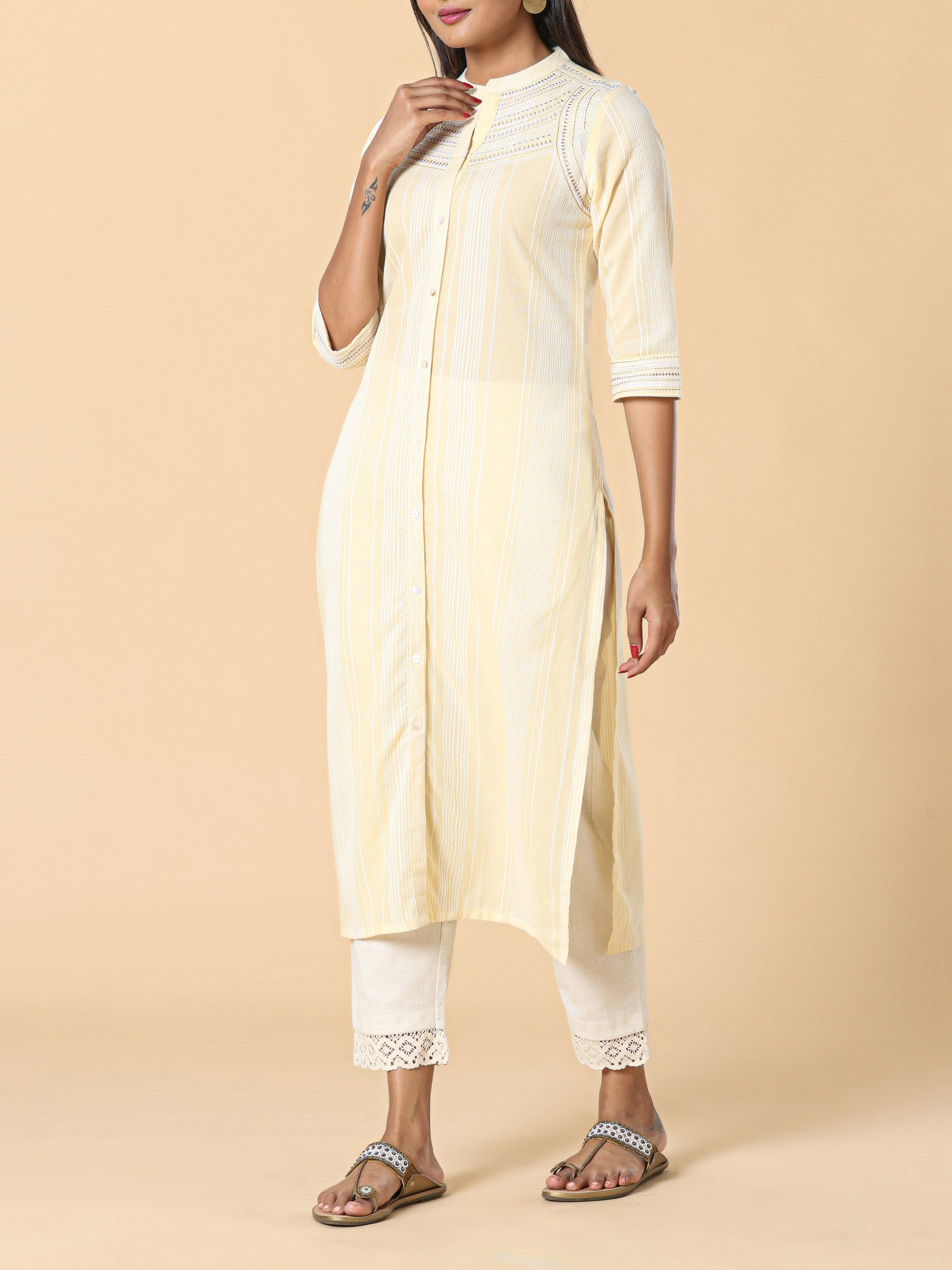 Pale Yellow Cotton Dobby Kurti With Embroidery