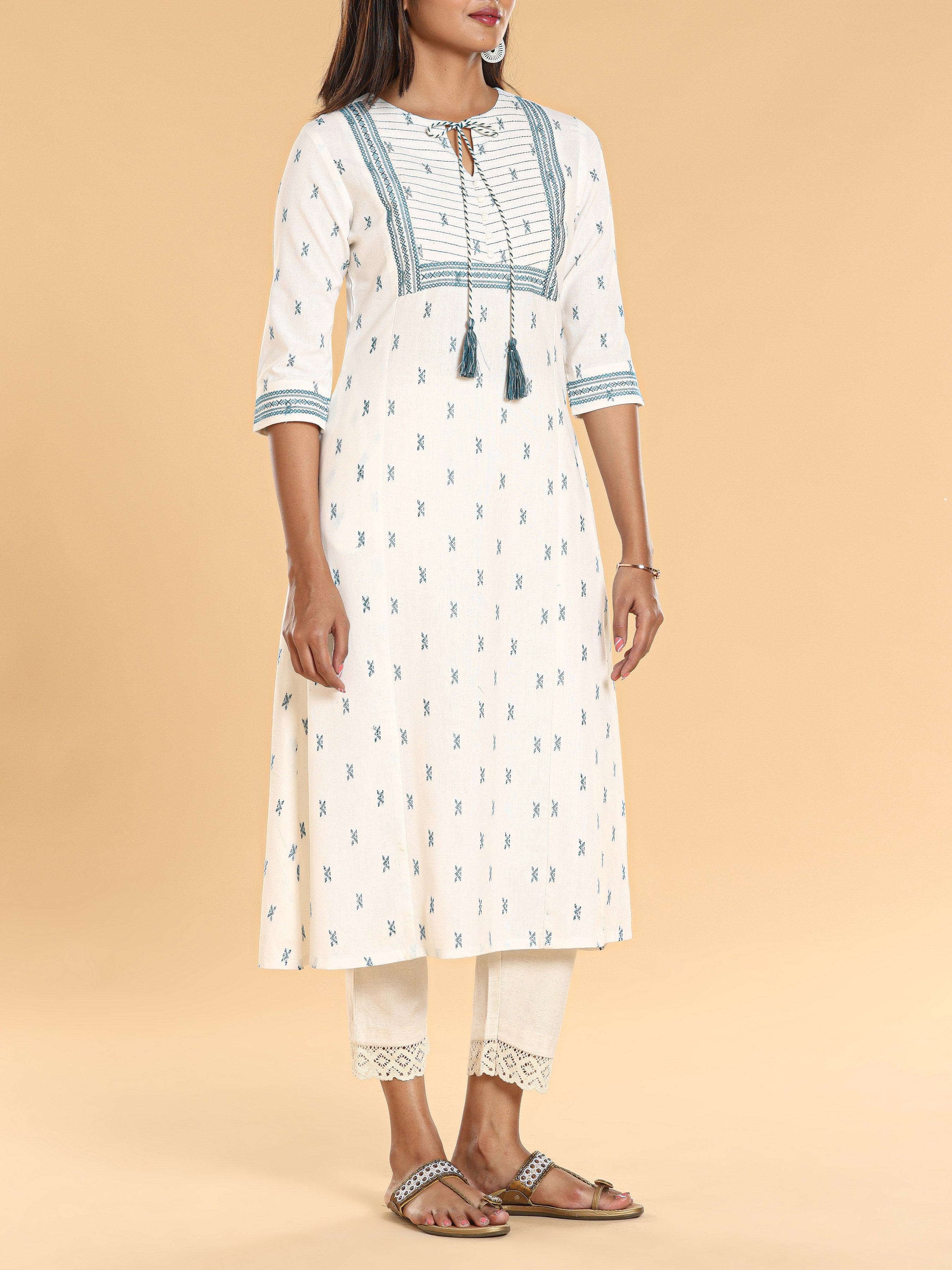 Ivory Cotton Dobby Printed Kurti With Embroidery