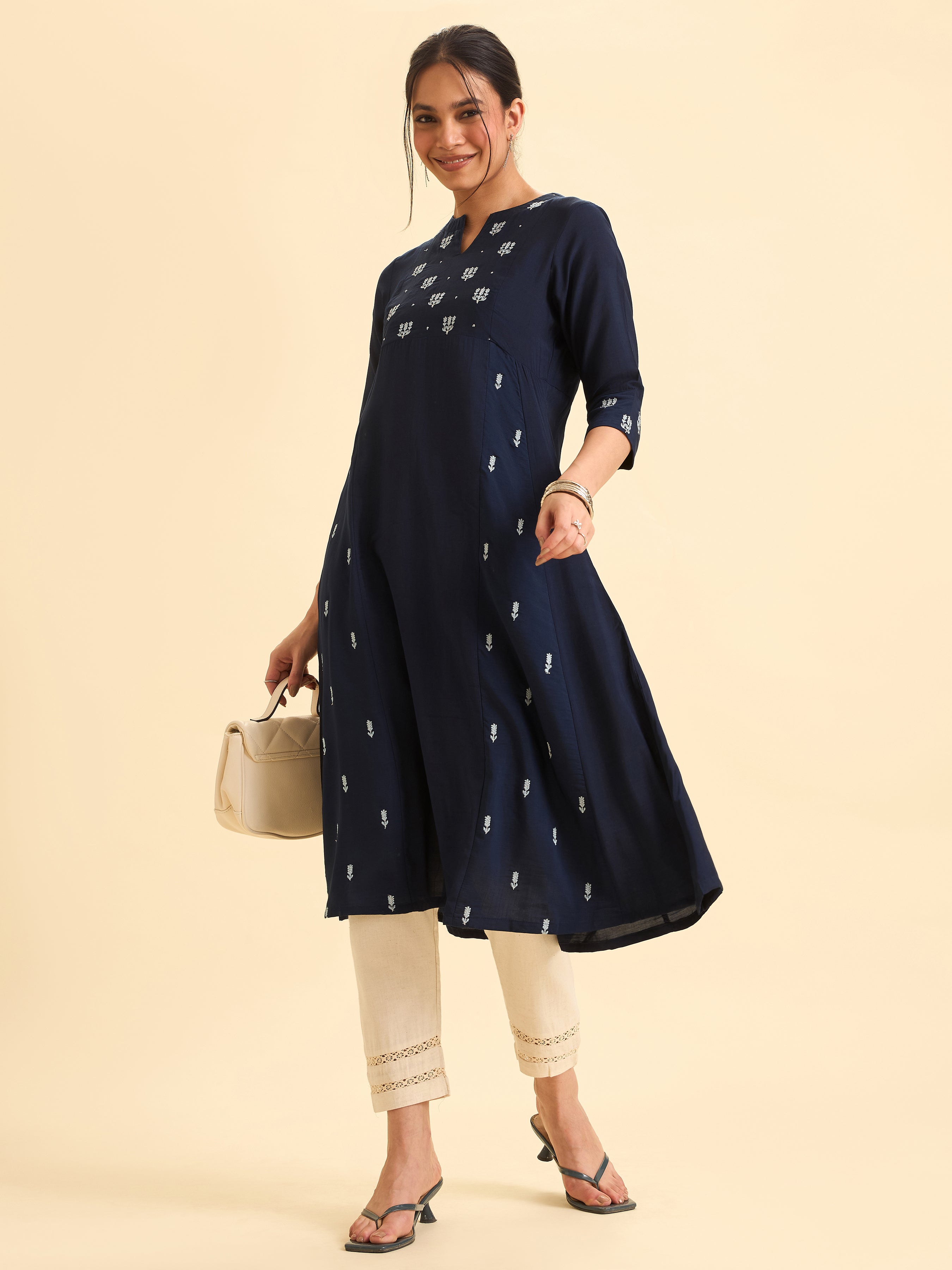 Navy Blue Viscose Blend Flared Kurti With Embroidery