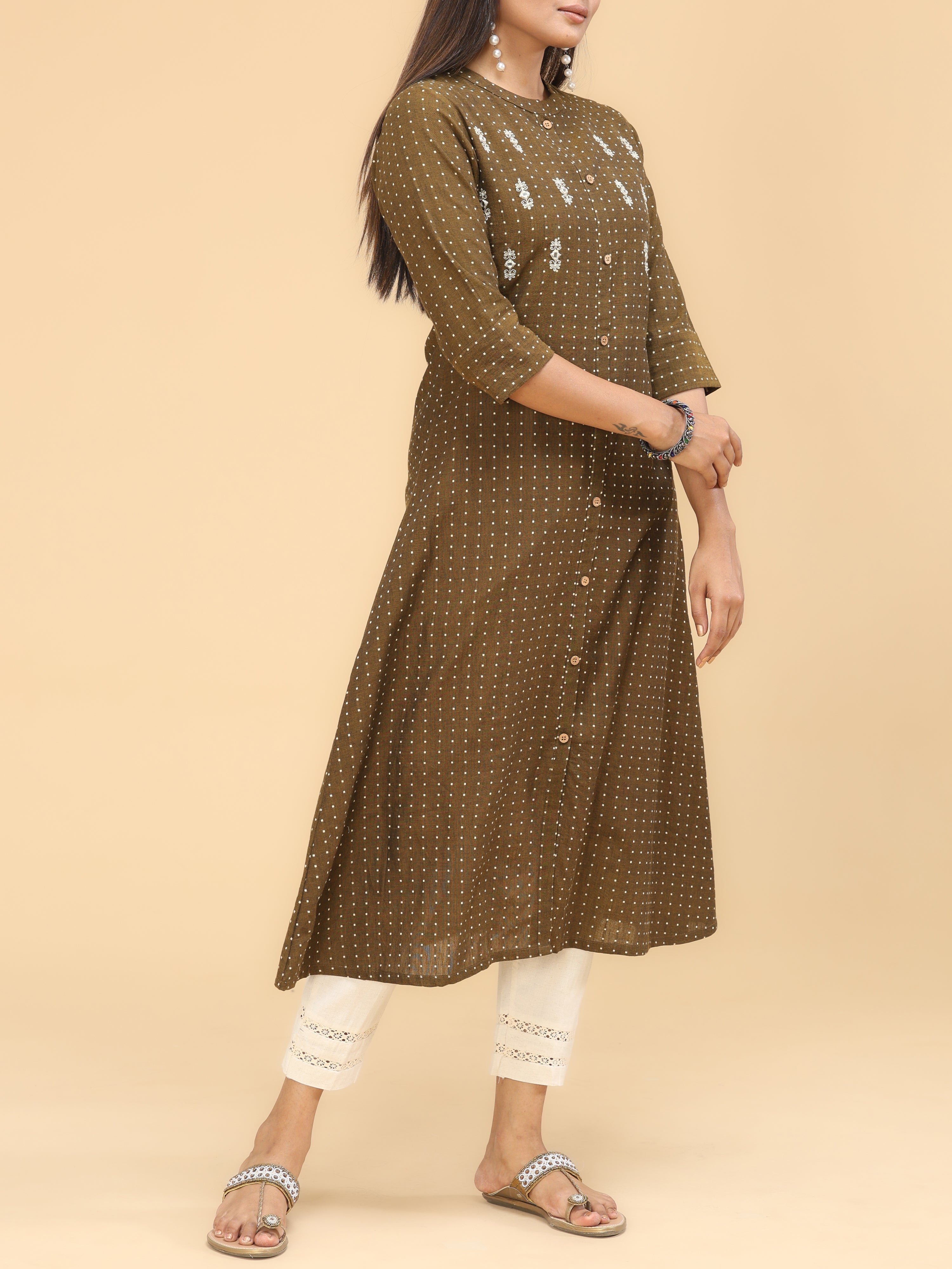 Brown Cotton Dobby Kurti With Embroidery