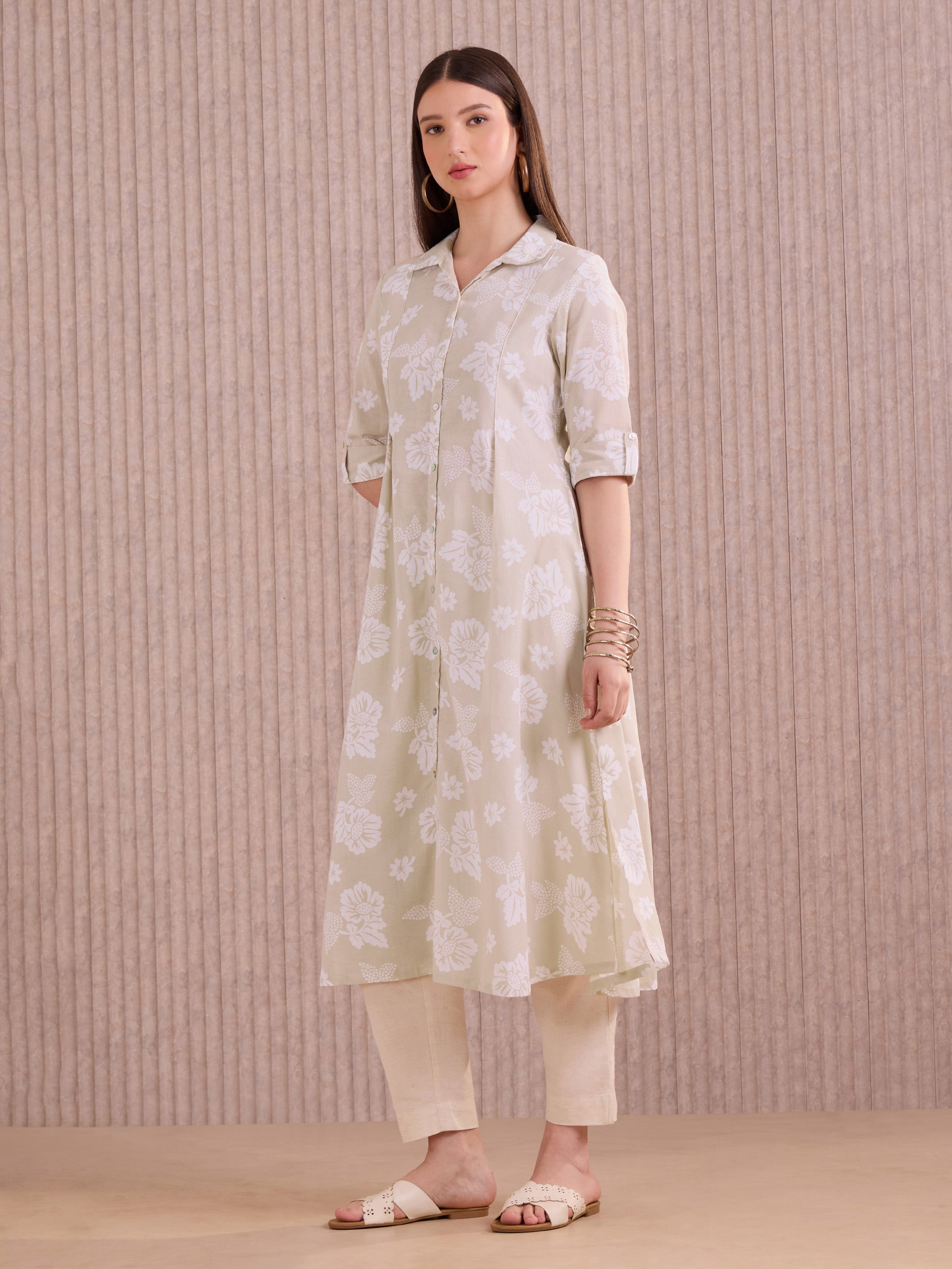 Beige Cotton Flax Kurti With Print