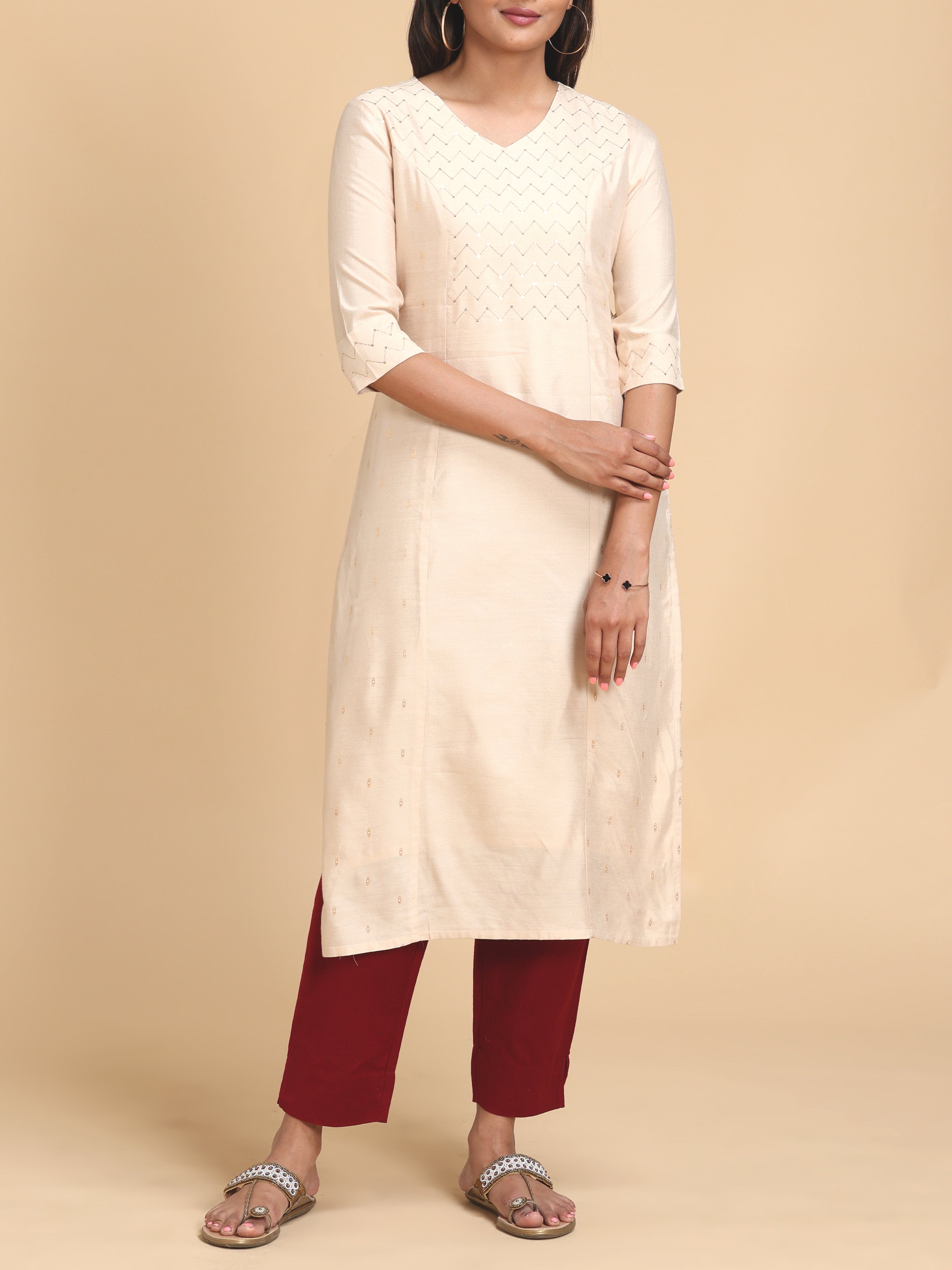 Beige Viscose Lain Kurti With Sequins Work