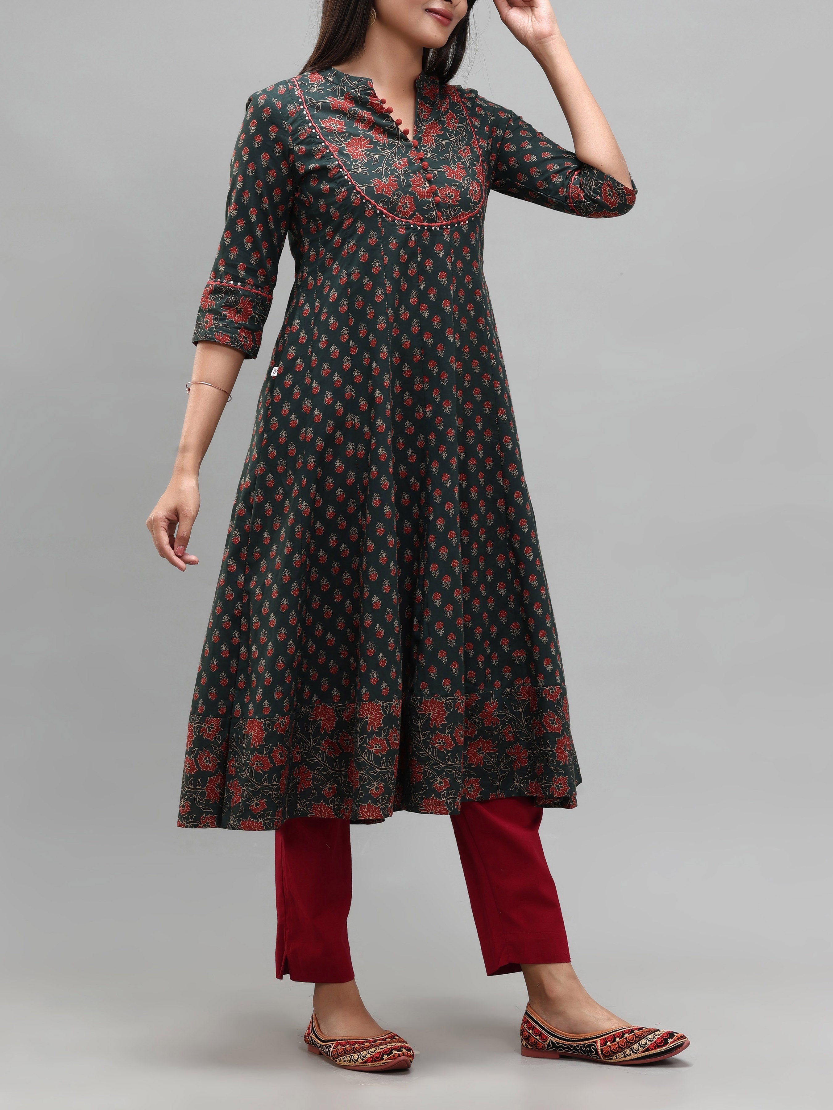 Multi Colour Pure Cotton Kurti With Print And Embroidery