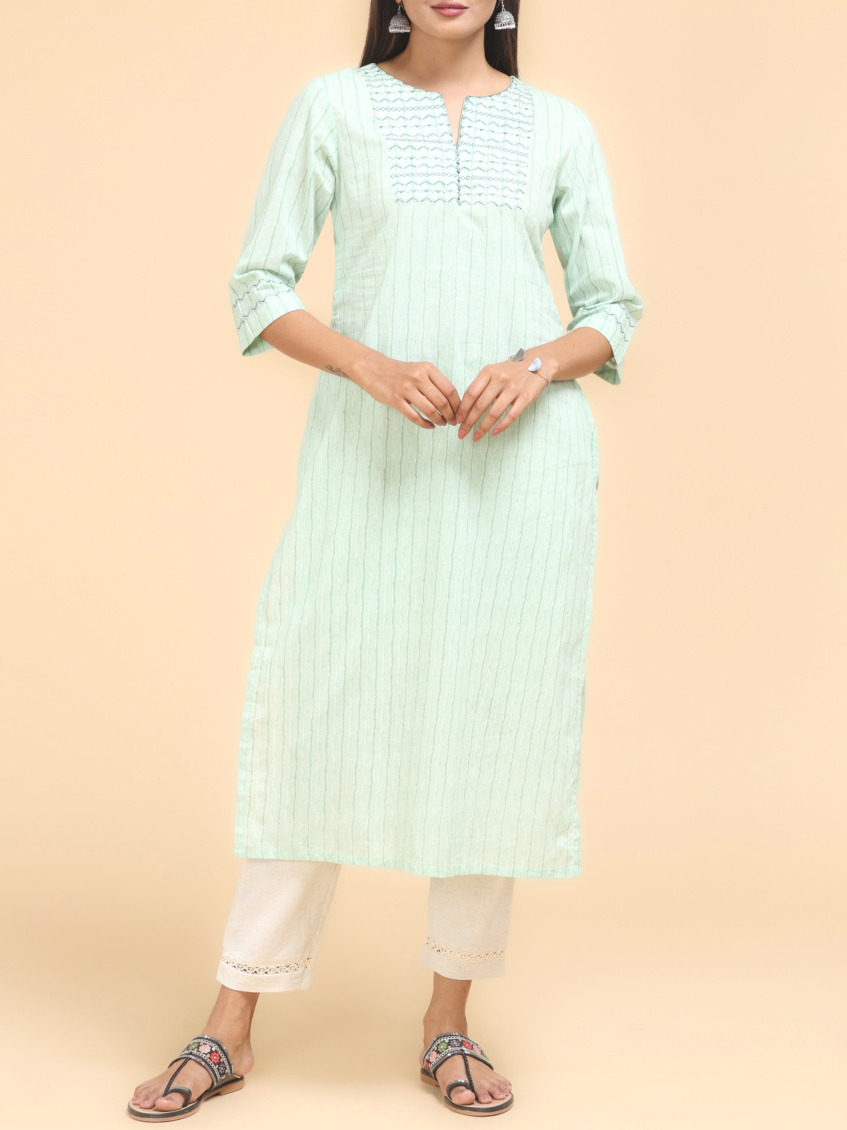 Pista Green Pure Cotton Printed Kurti With Embroidery