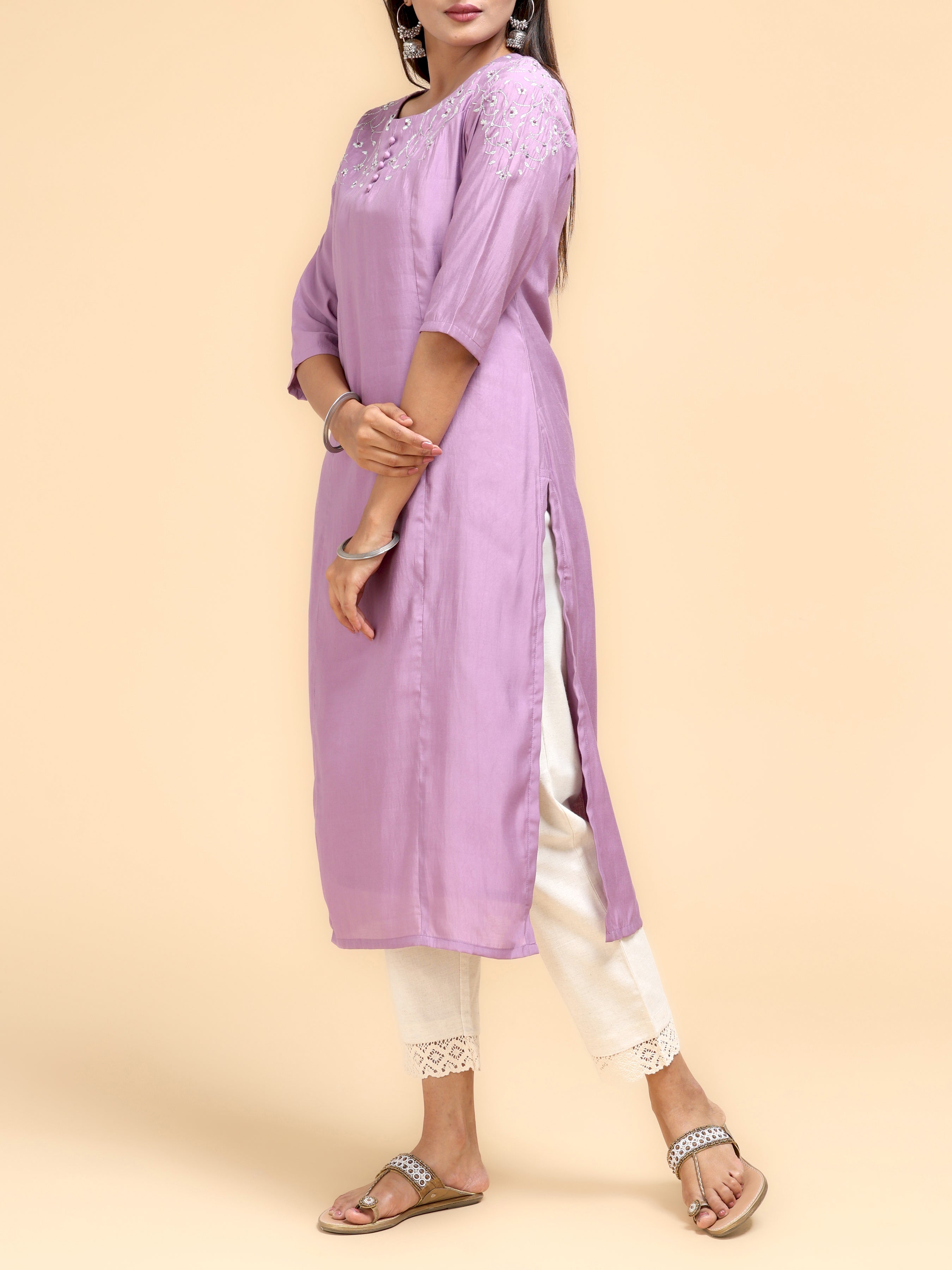 Light Purple Modal Chanderi Kurti With Embroidery And Hand Work