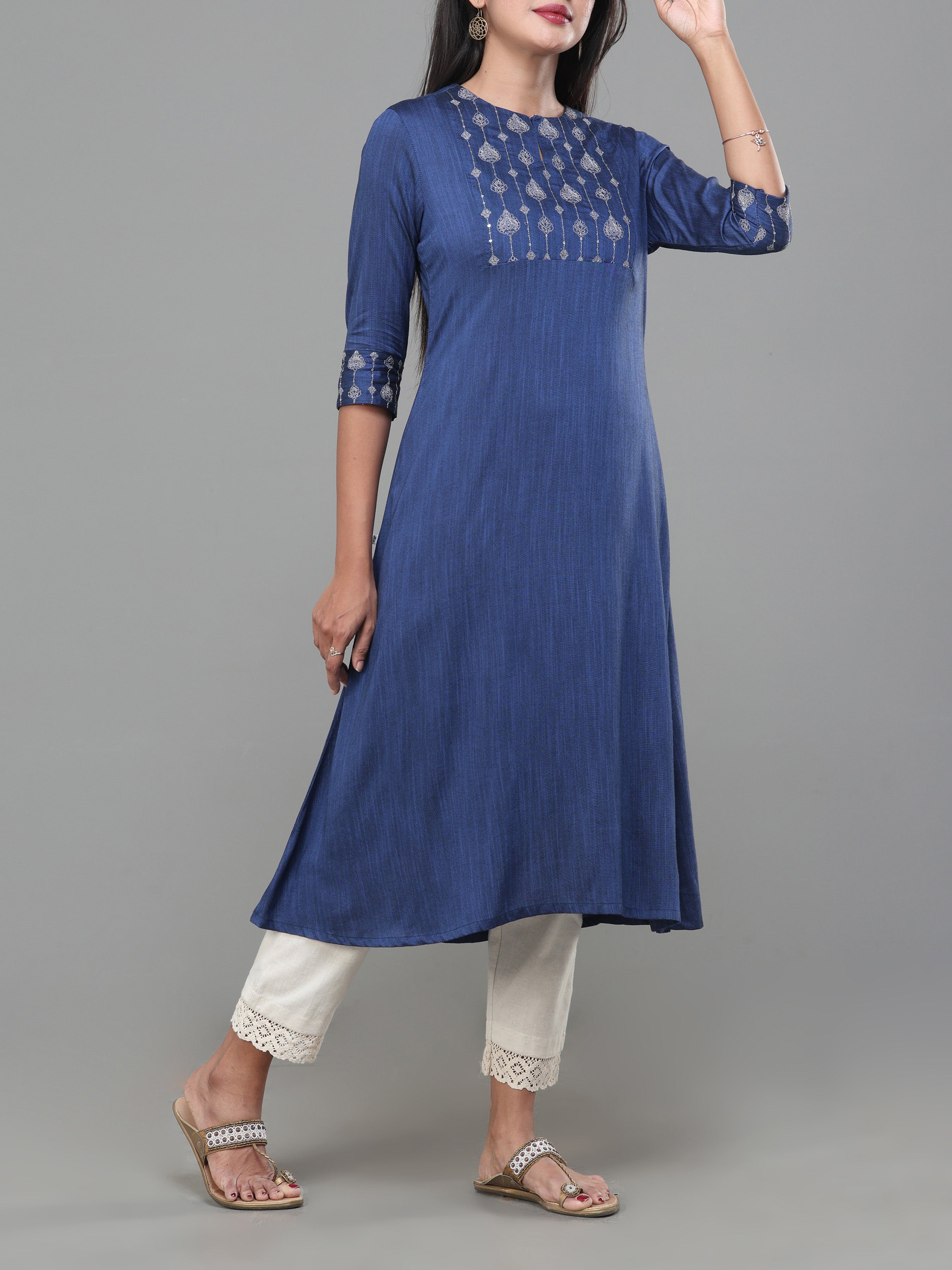 Royal Blue Viscose Slub Kurti With Embroidery