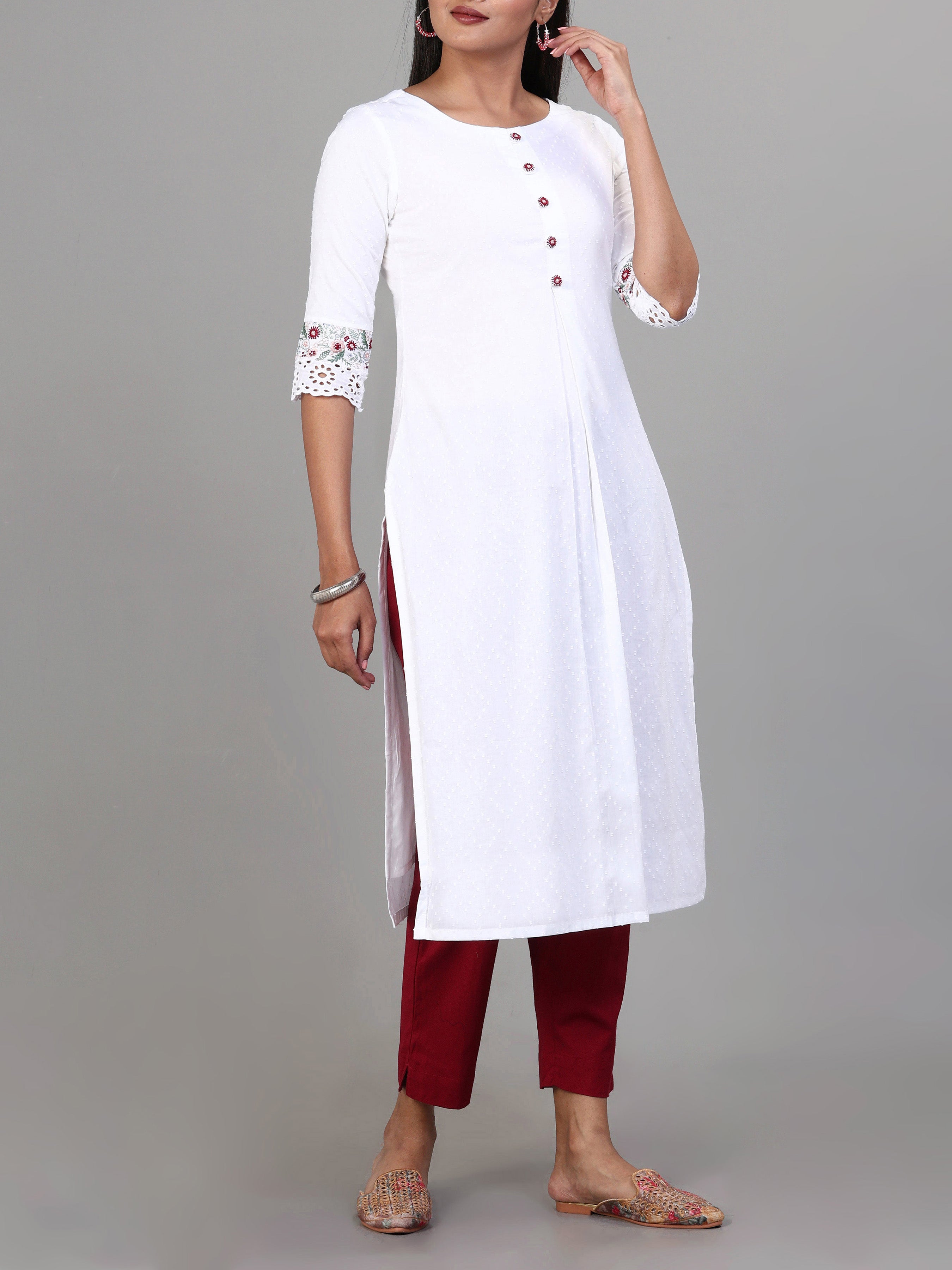 White Cotton Embroidery Kurti With Lace Detailing