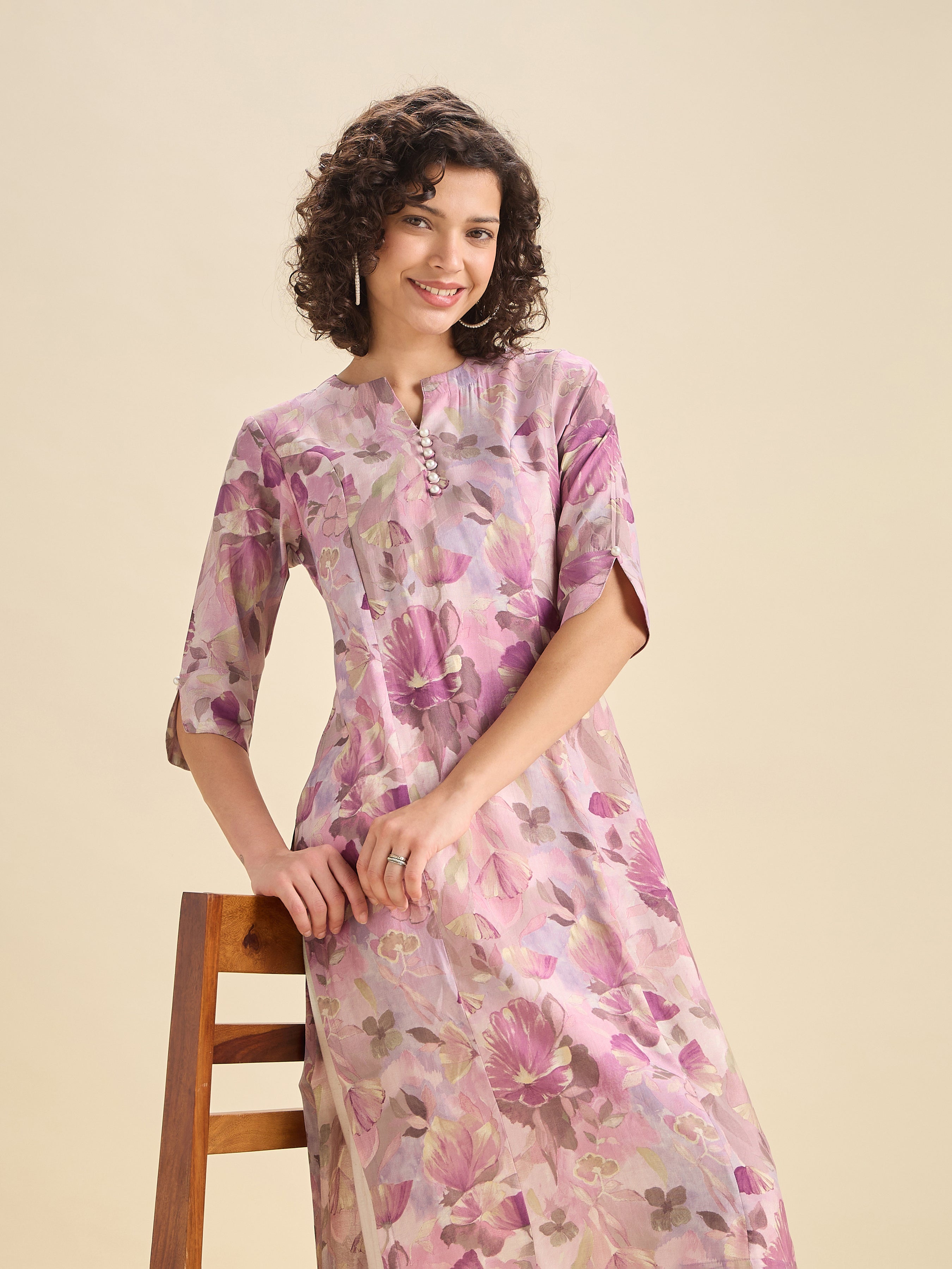 Lilac Modal Chanderi Printed Slited Kurti With Princess Cut