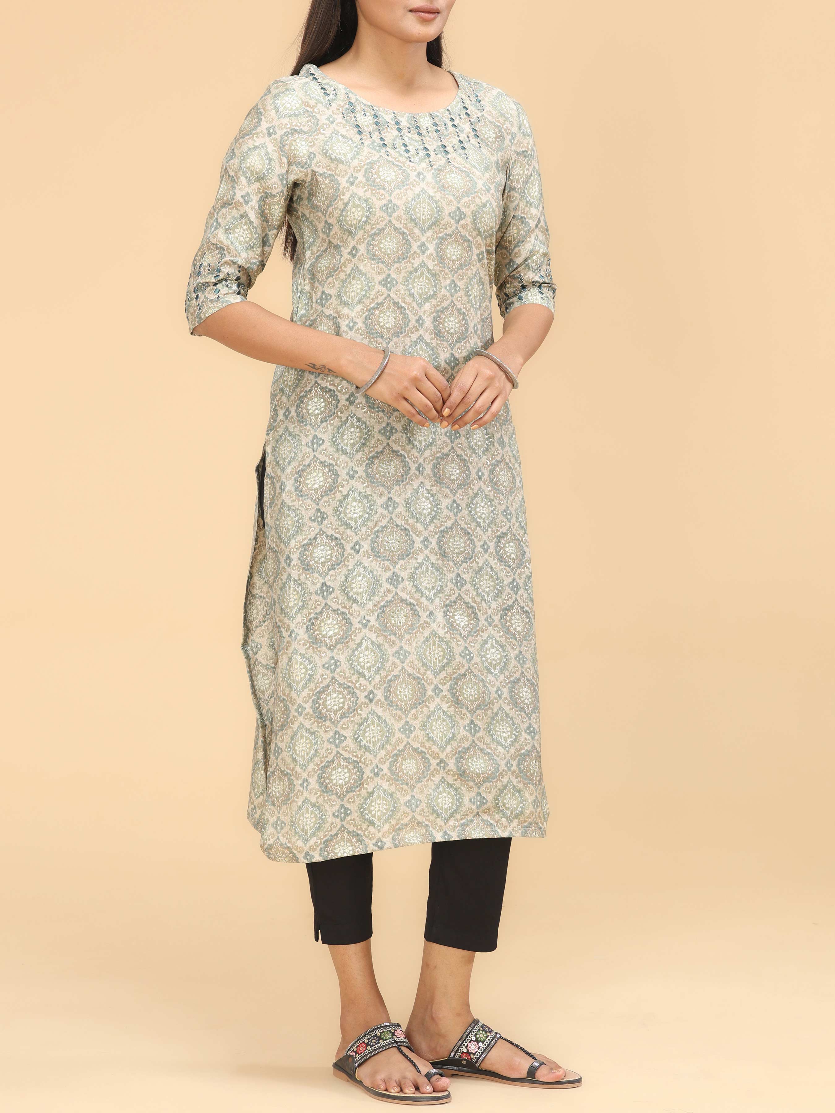 Multi Colour Modal Chanderi Printed Kurti With Embroidery
