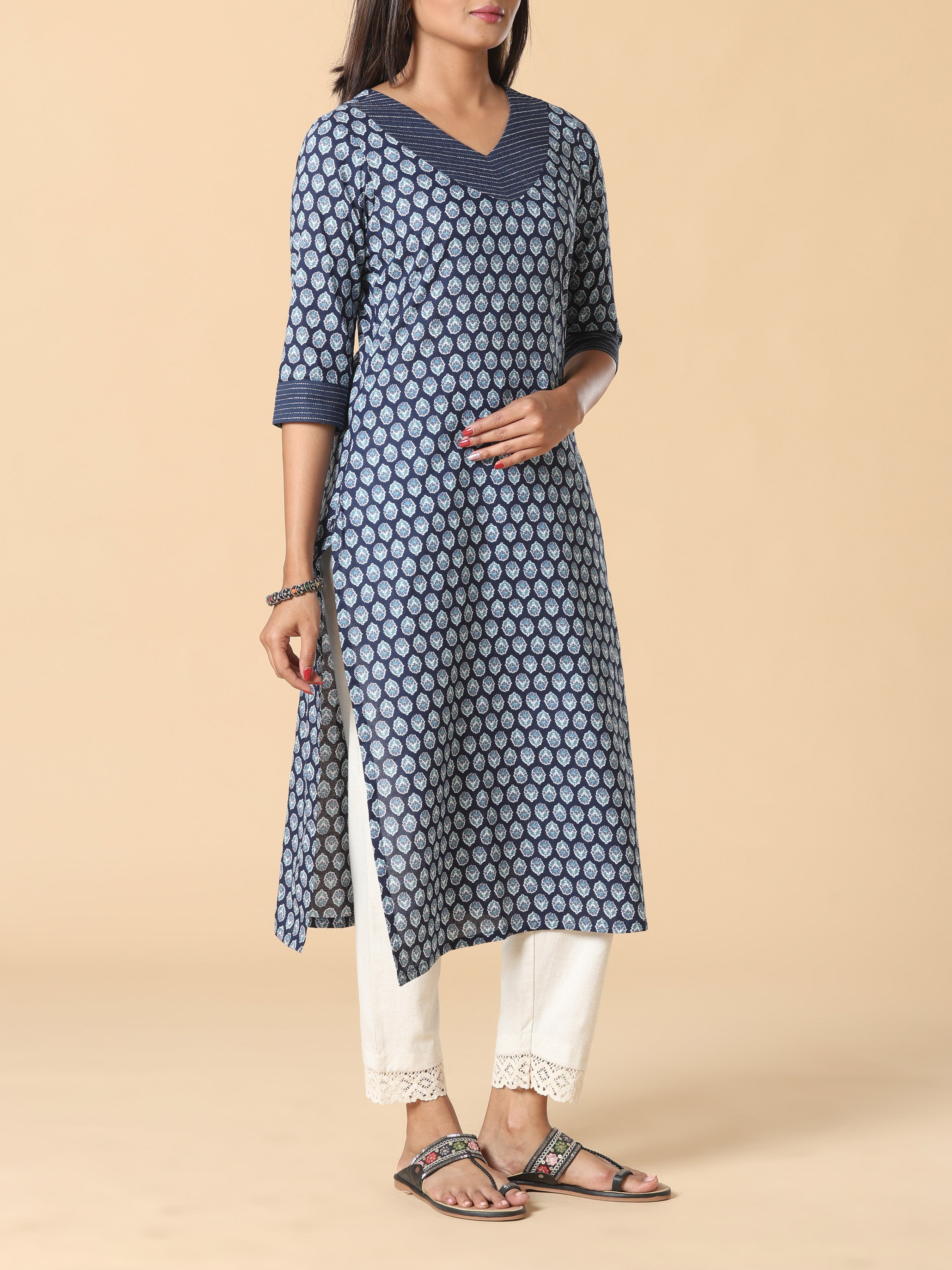 Navy Blue Pure Cotton Kurti With Embroidery