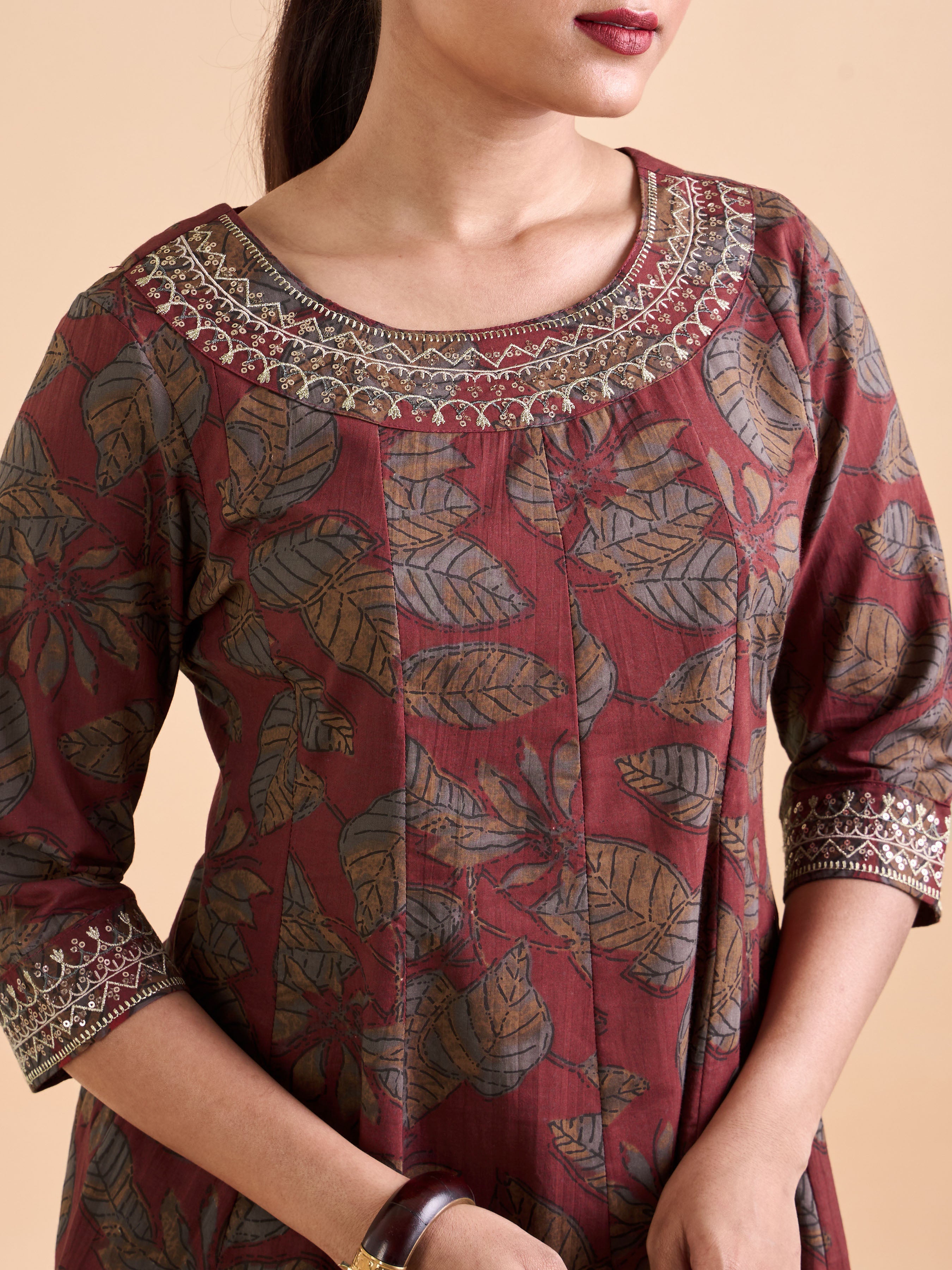 Maroon Pure Cotton Printed Kali Cut Kurti With Embroidery & Sequins Work