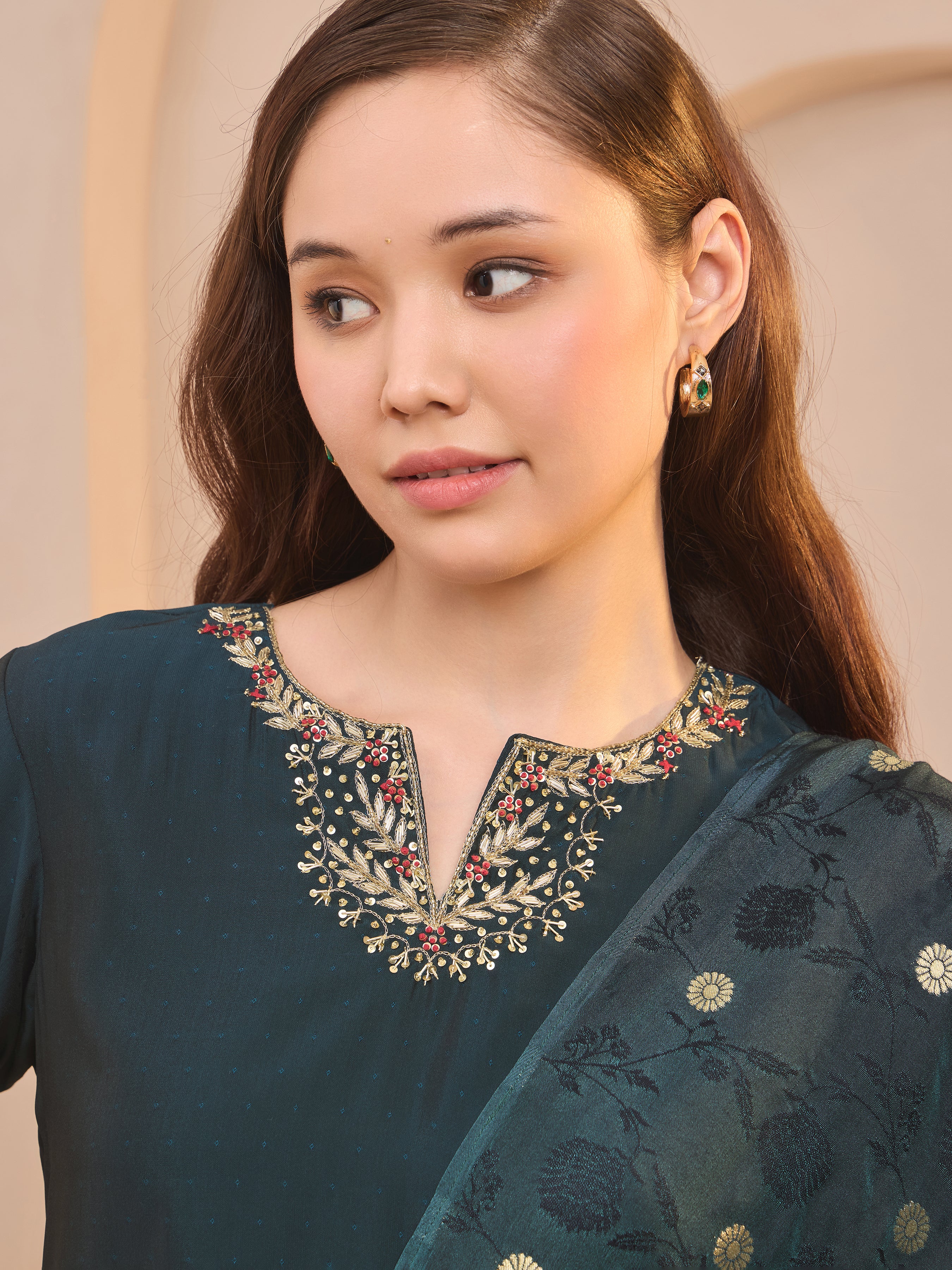 Navy Blue Viscose Blend Kurti Set & Dupatta With Hand Work