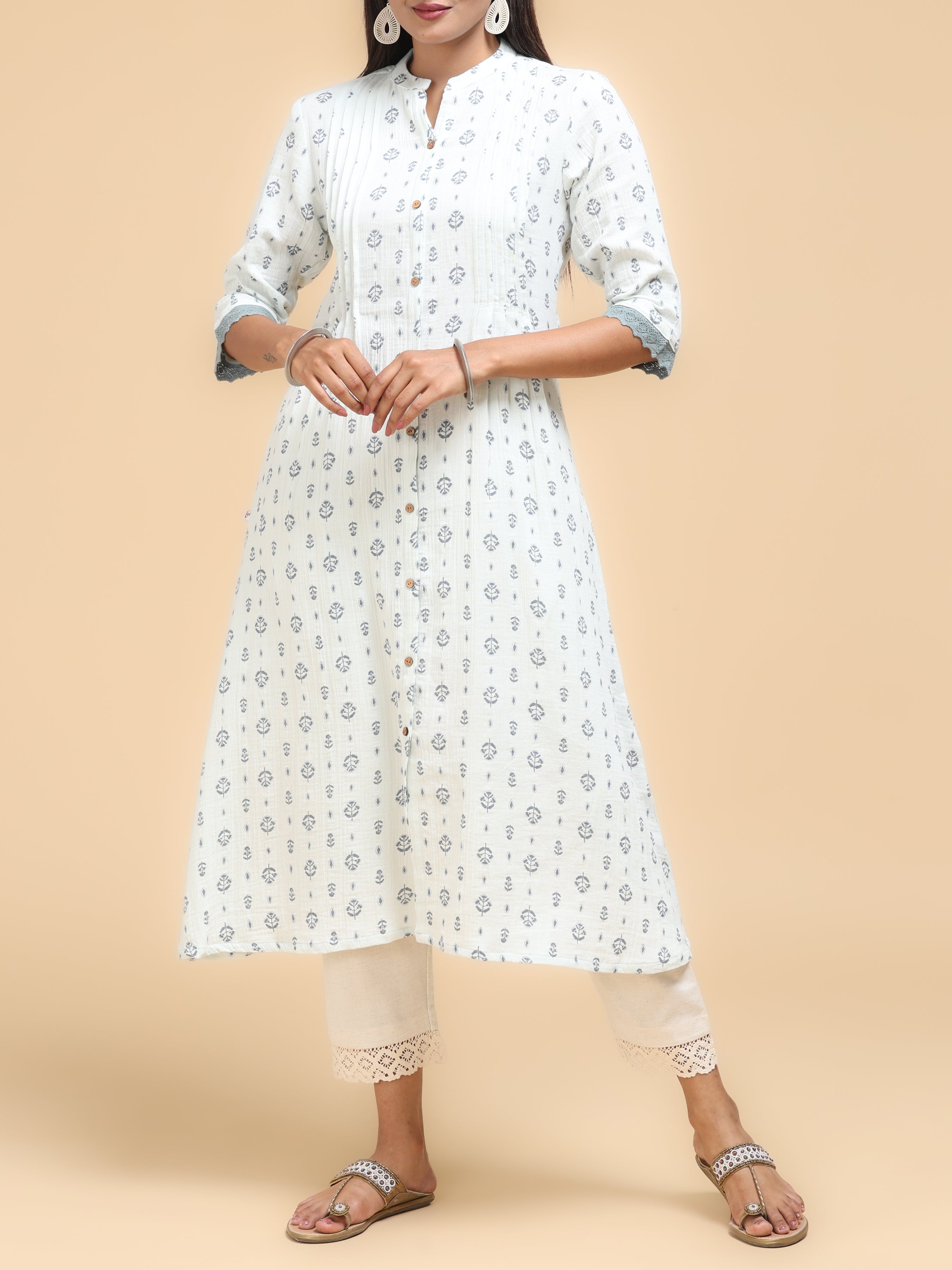 Off White Cotton Printed Kurti With Lace Detailing