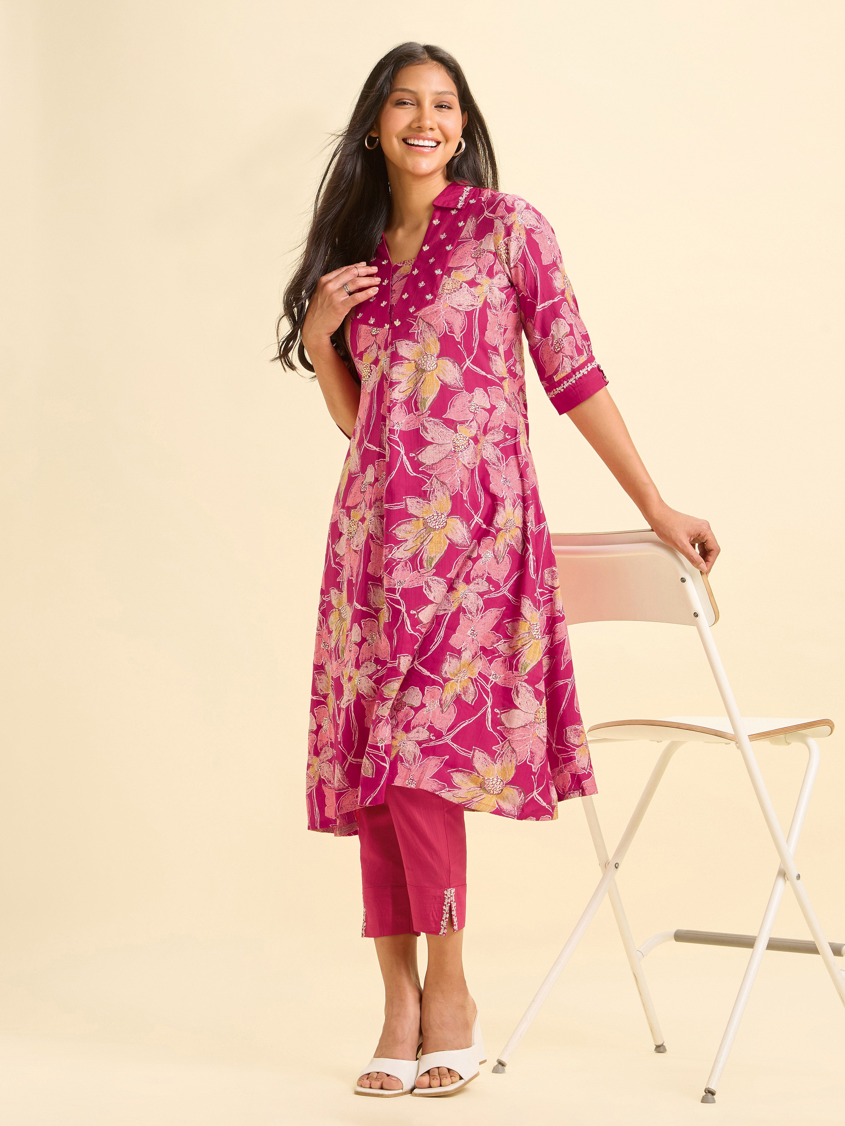 Magenta Viscose Blend Foil Printed Flared Kurta Set With Sequins Embroidery