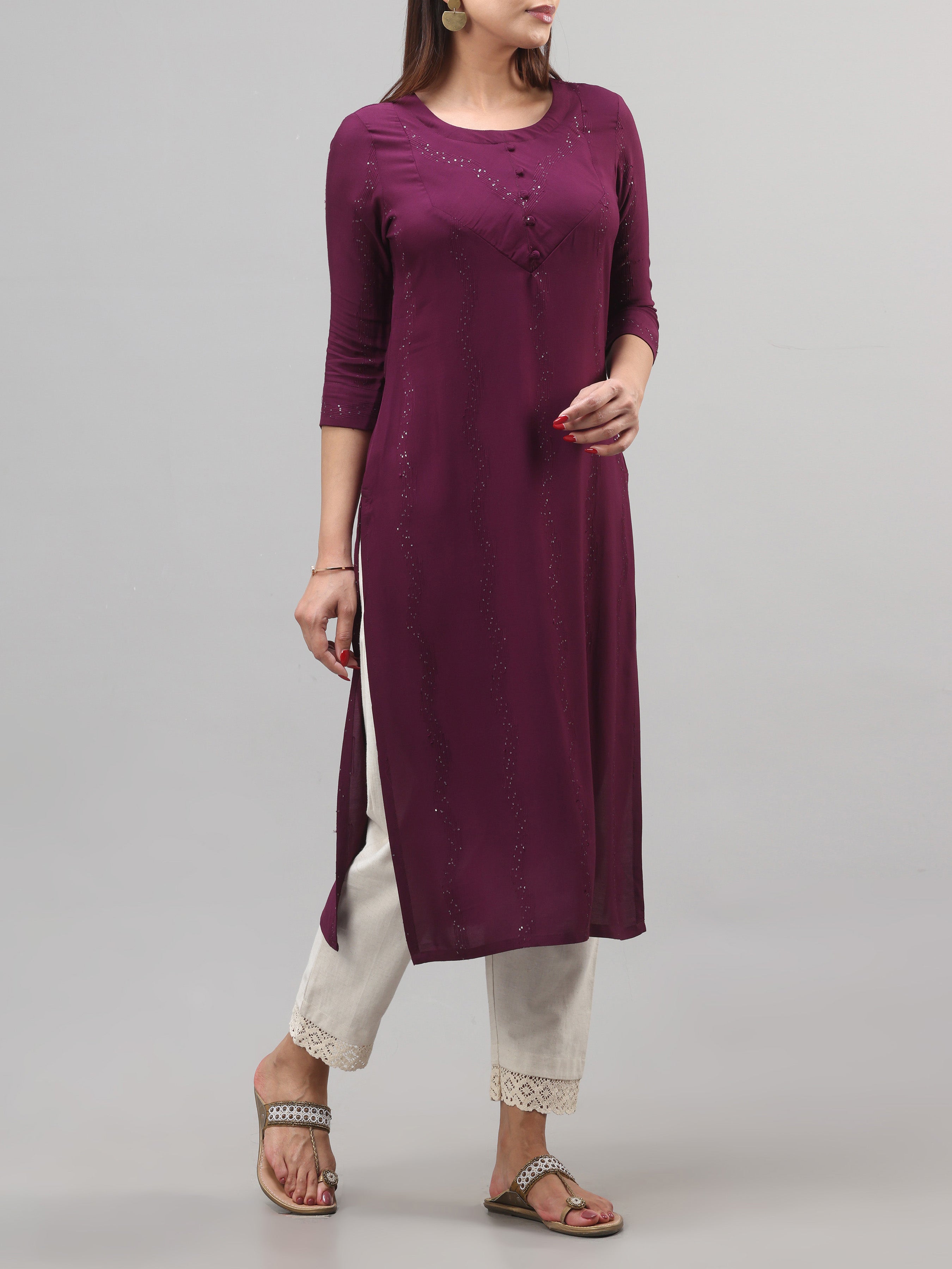 Wine-Red Viscose Dobby Plain Kurti With Sequins Work